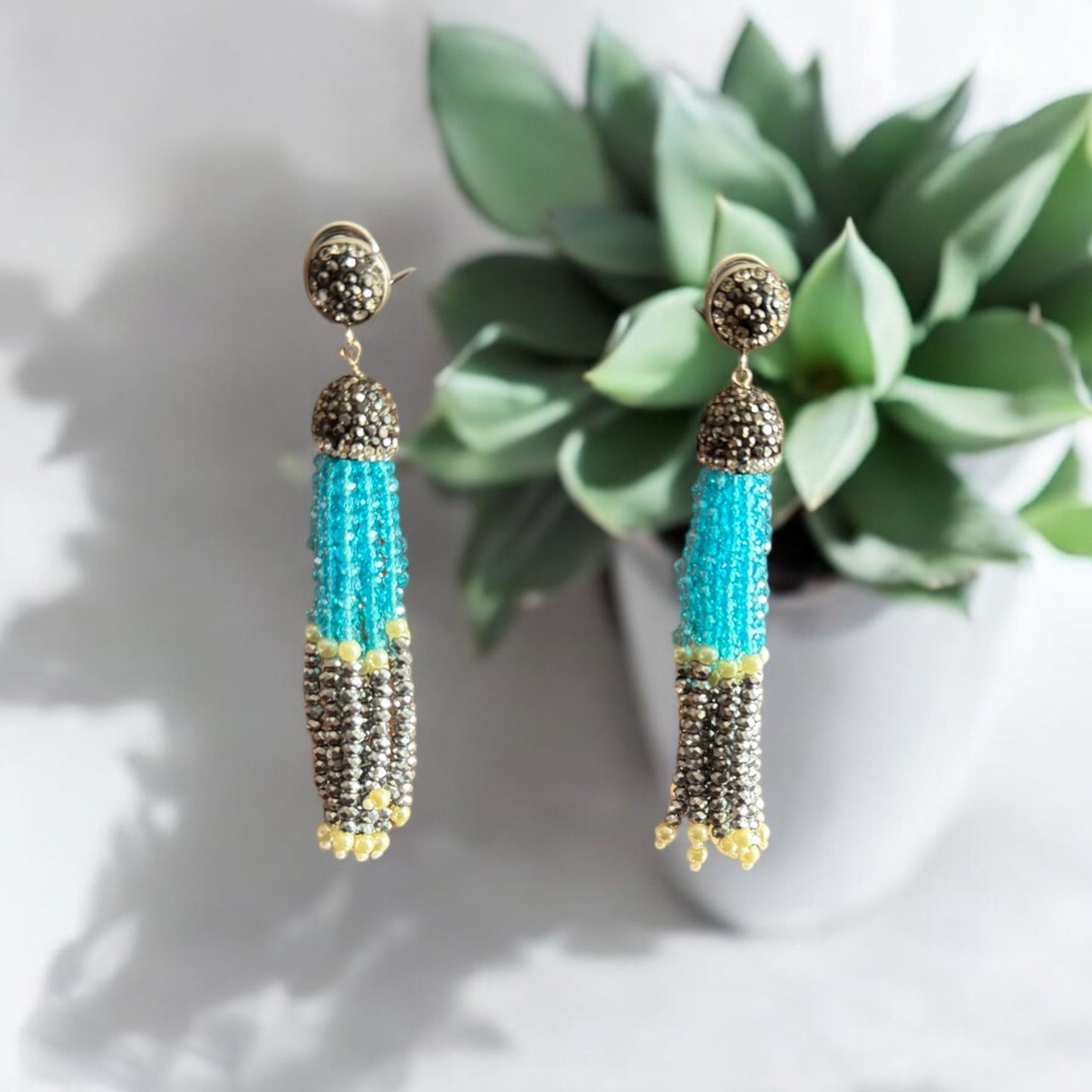 Earing Dual Color Crystal Tassels with Rhinestone Dome Blue / Silver