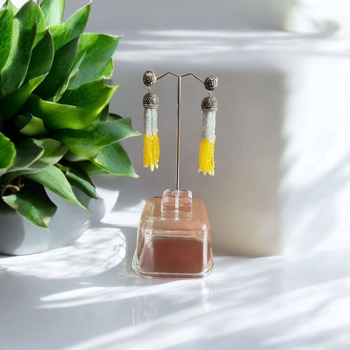 Earing Dual Color Crystal Tassels with Rhinestone Dome Gray / Yellow