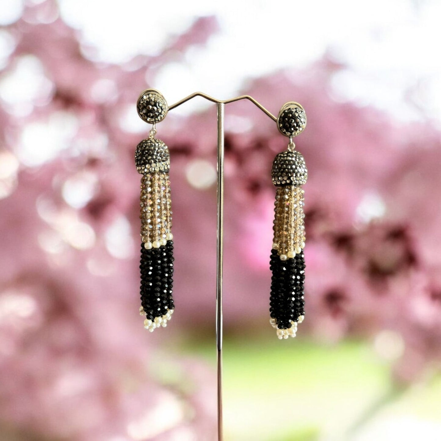 Earing Dual Color Crystal Tassels with Rhinestone Dome Brown / Black