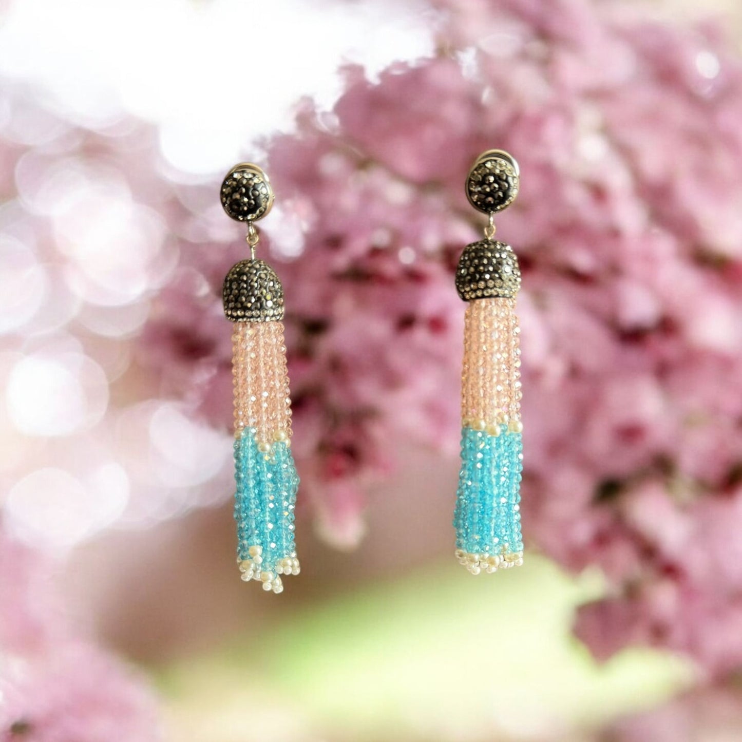 Earing Dual Color Crystal Tassels with Rhinestone Dome Pink / Blue