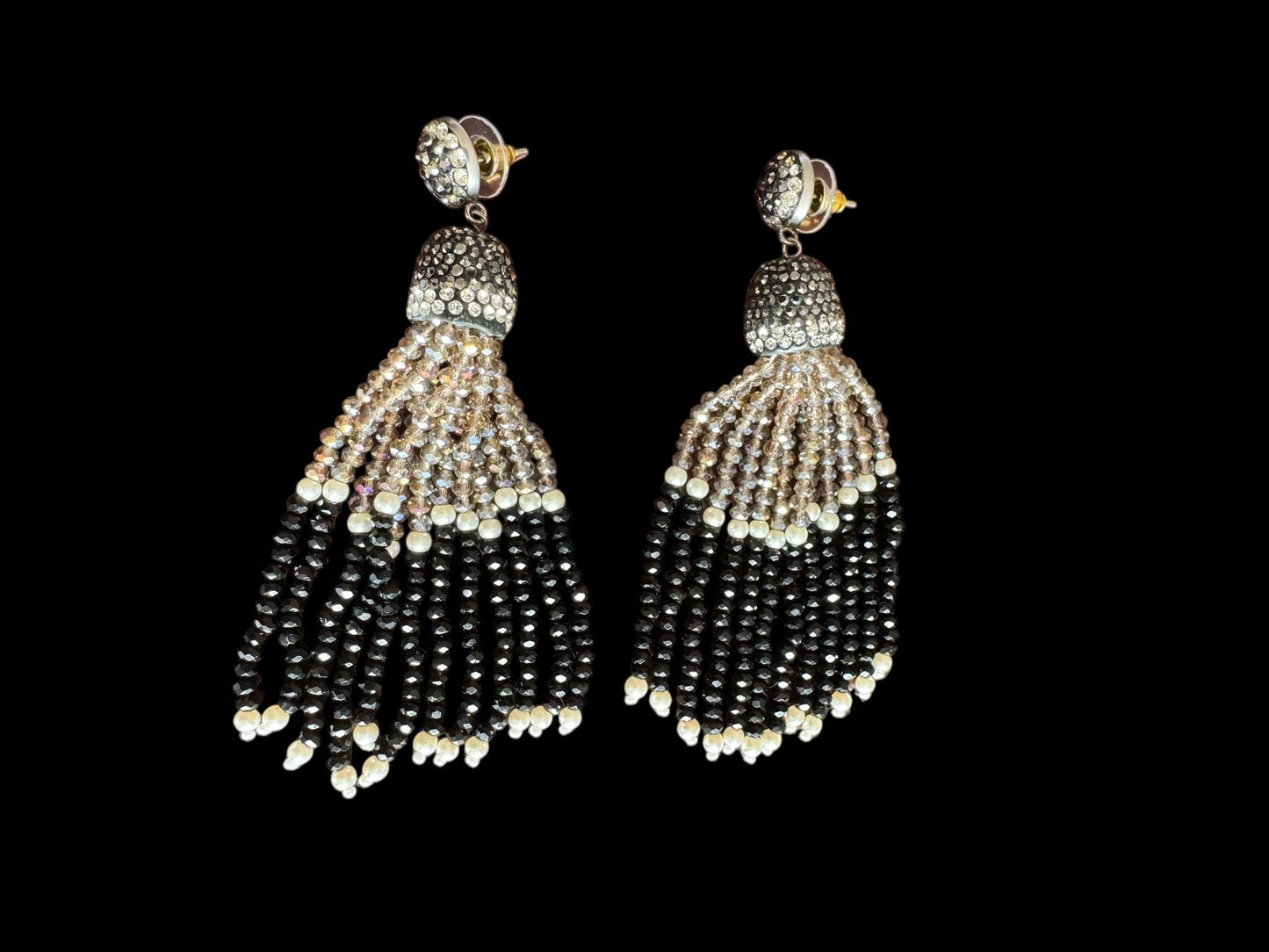 Earing Dual Color Crystal Tassels with Rhinestone Dome Brown / Black