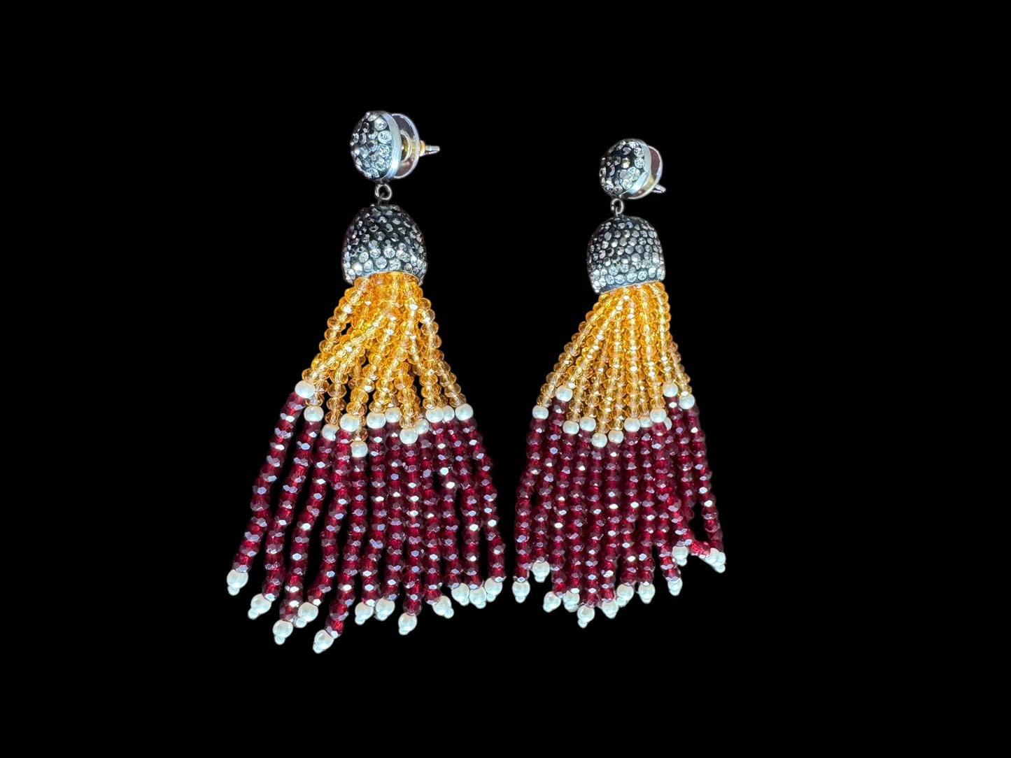 Earing Dual Color Crystal Tassels with Rhinestone Dome Yellow / Maroon