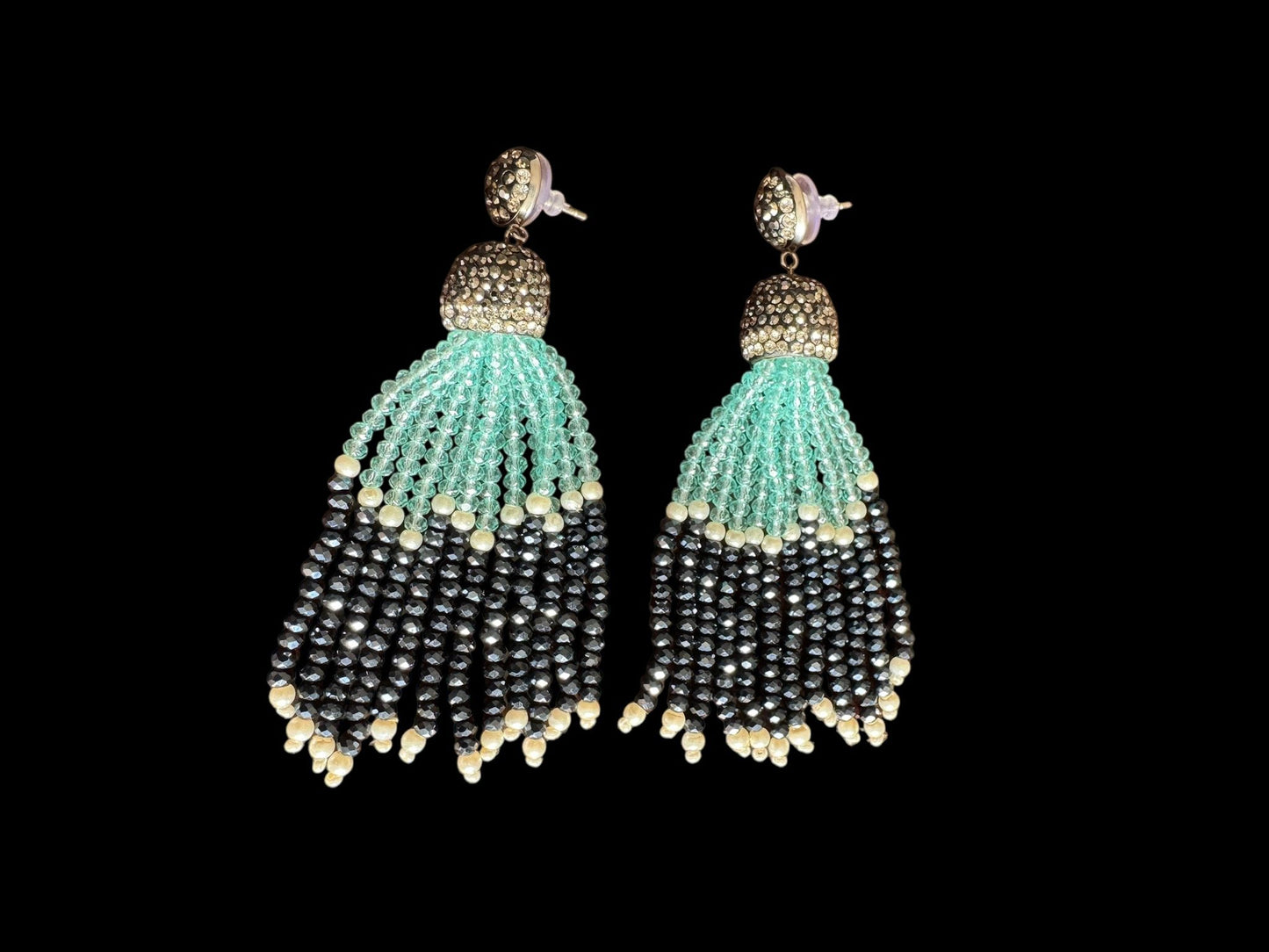 Earing Dual Color Crystal Tassels with Rhinestone Dome Blue / Navy
