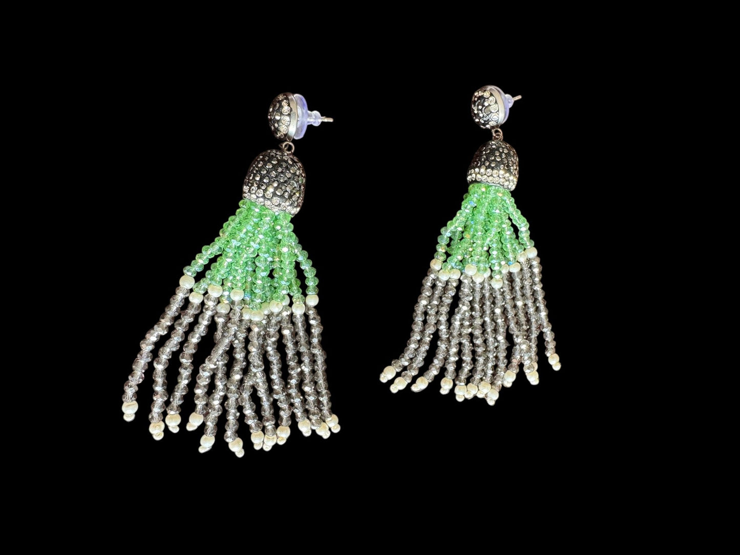 Earing Dual Color Crystal Tassels with Rhinestone Dome Green / Gray