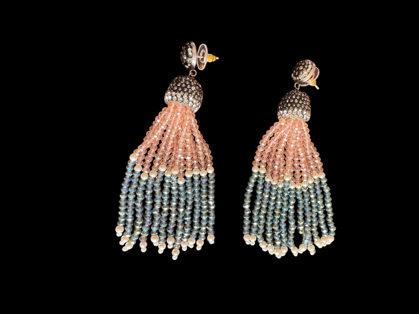 Earing Dual Color Crystal Tassels with Rhinestone Dome Peach / Blue
