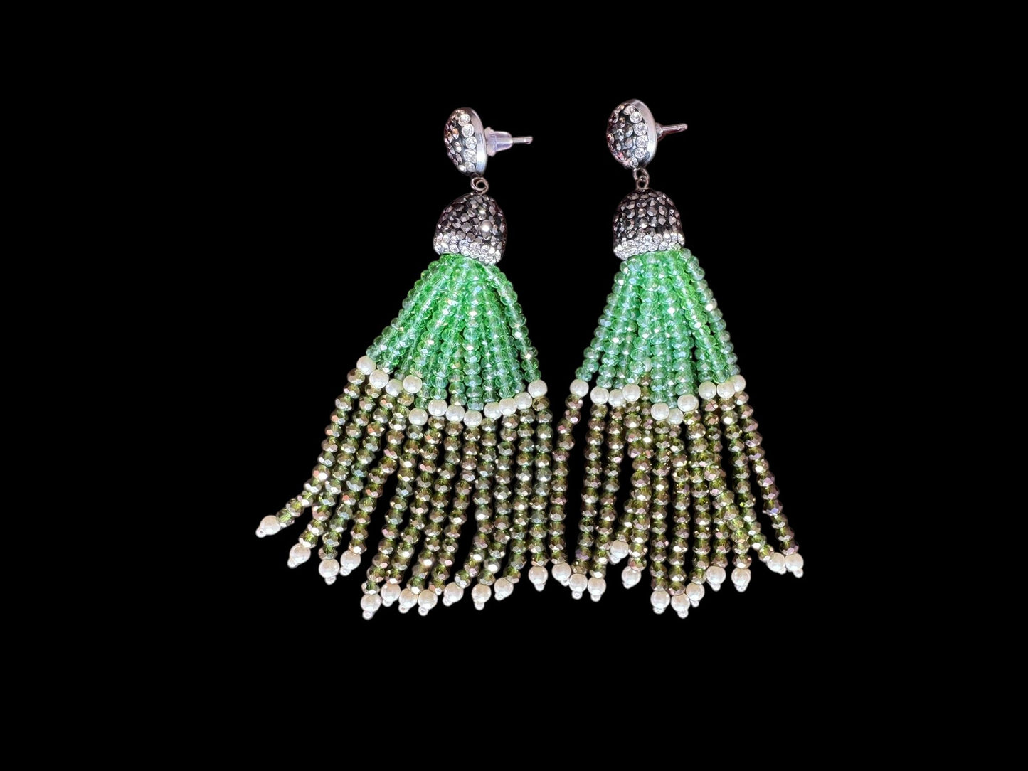 Earing Dual Color Crystal Tassels with Rhinestone Dome Green / Metallic Green