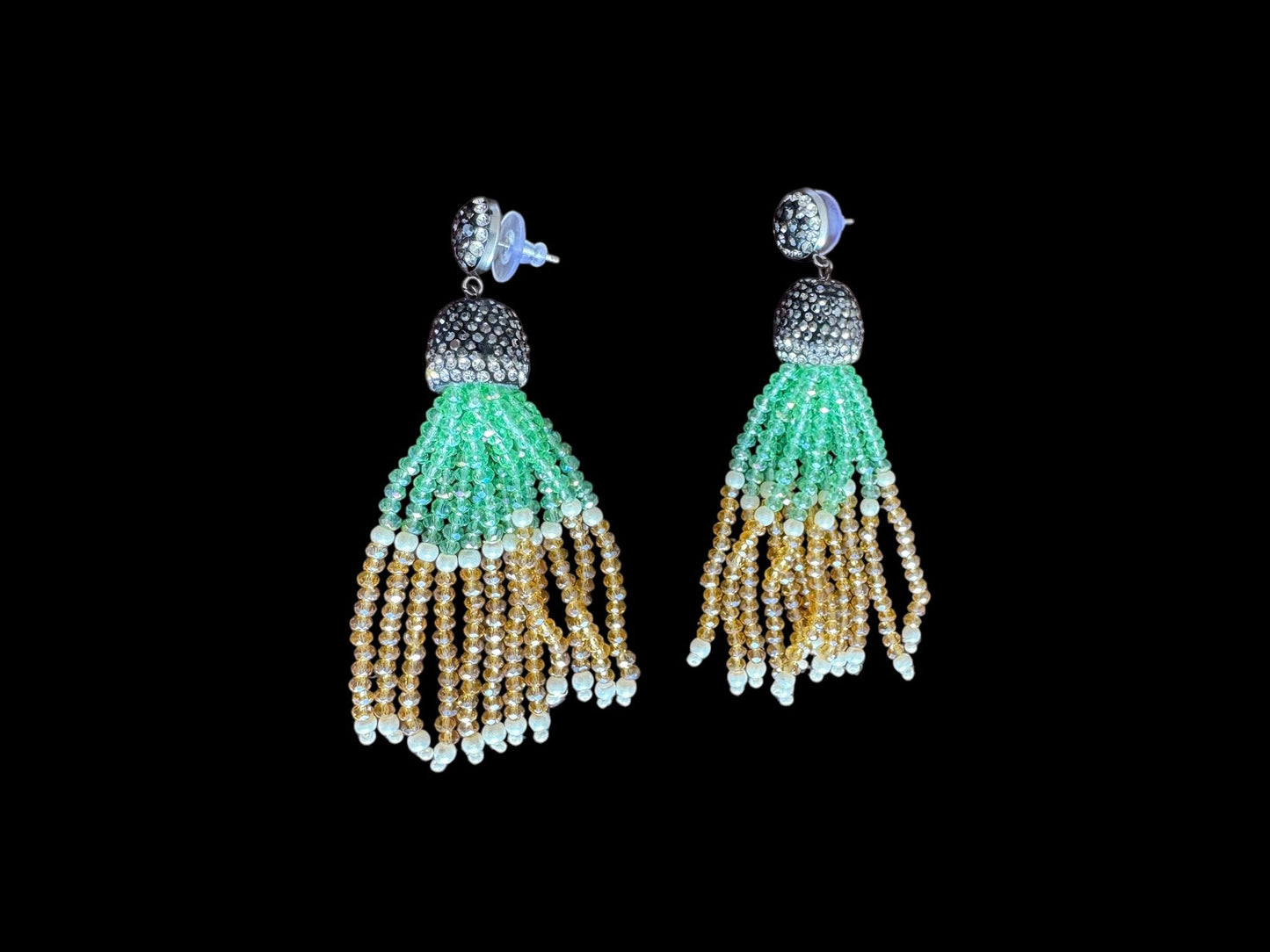 Earing Dual Color Crystal Tassels with Rhinestone Dome Green / Yellow