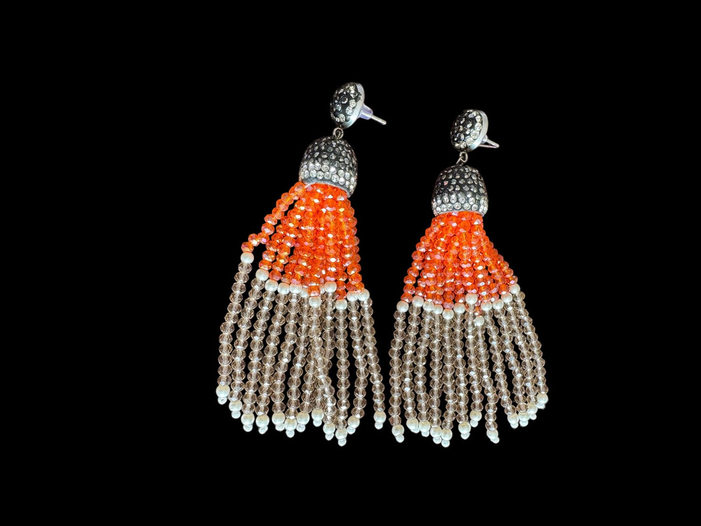 Earing Dual Color Crystal Tassels with Rhinestone Dome Orange / Brown