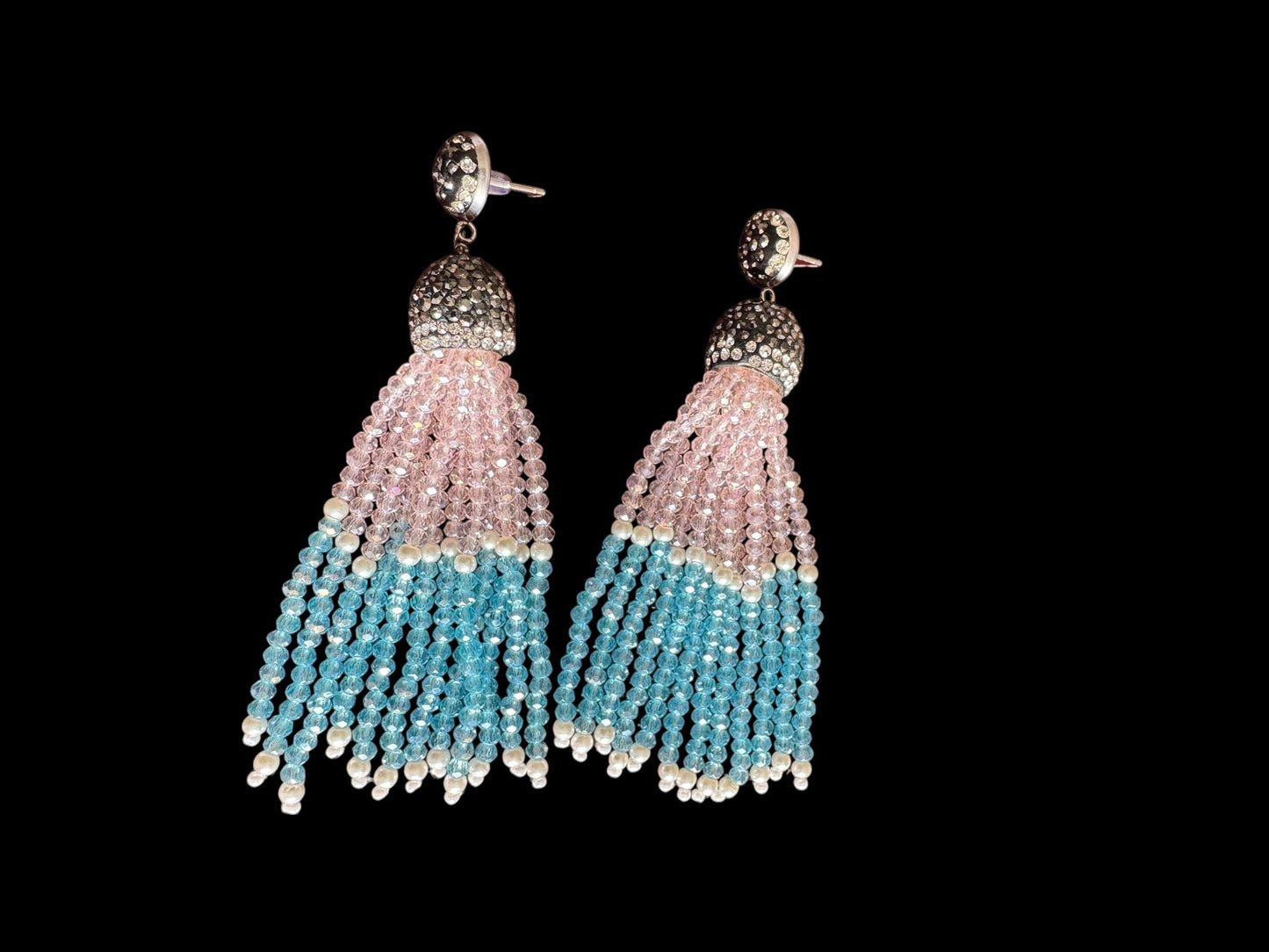 Earing Dual Color Crystal Tassels with Rhinestone Dome Pink / Blue