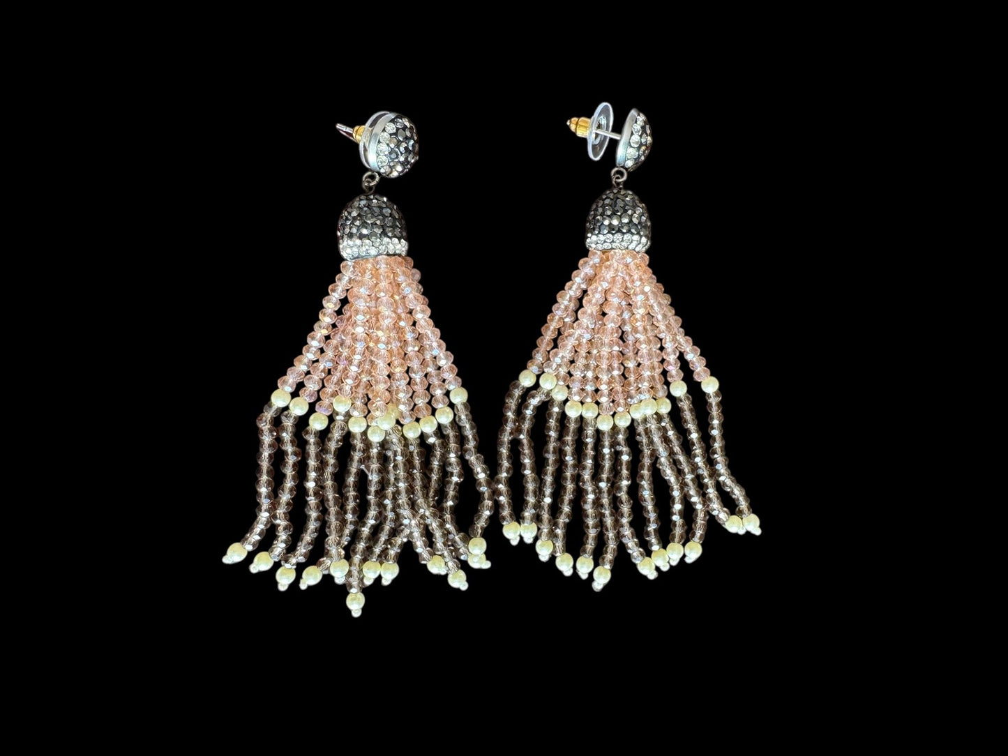 Earing Dual Color Crystal Tassels with Rhinestone Dome Peach / Brown