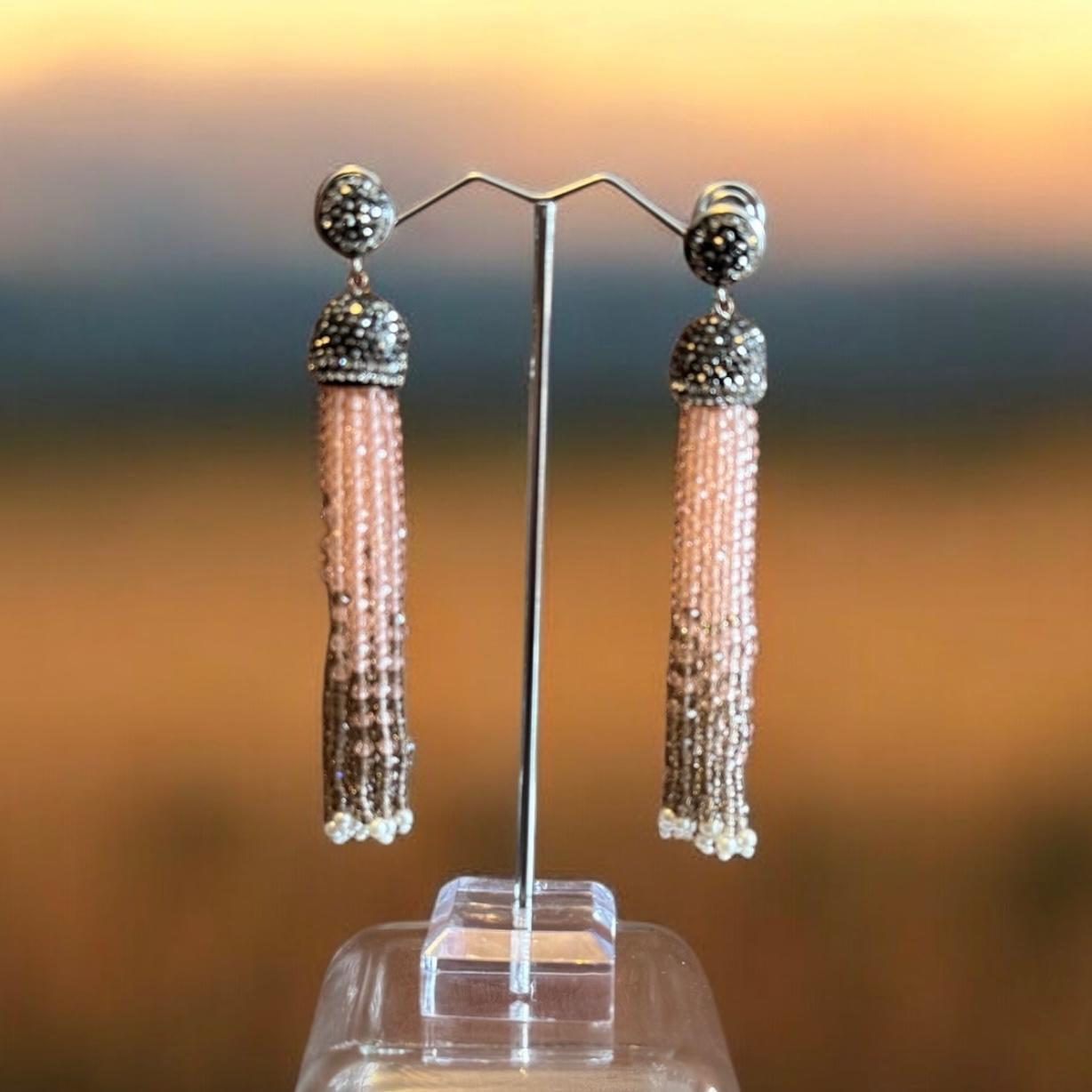 Earring Dual Color Crystal Tassels Long with Rhinestone Dome Baby Peach / Brown