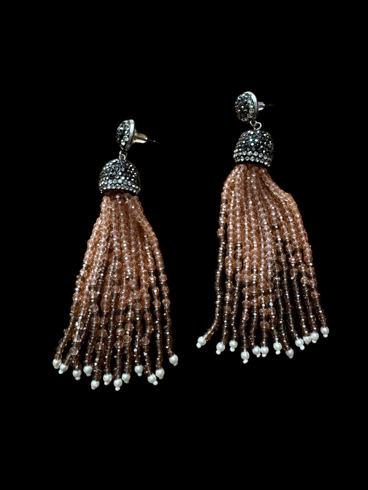 Earring Dual Color Crystal Tassels Long with Rhinestone Dome Baby Peach / Brown