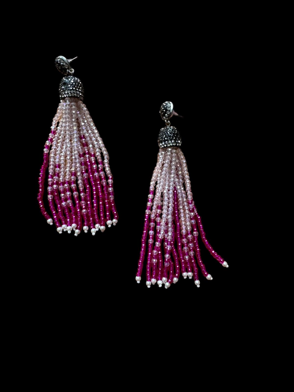 Earring Dual Color Crystal Tassels Long with Rhinestone Dome Baby Pink / Hot Pink