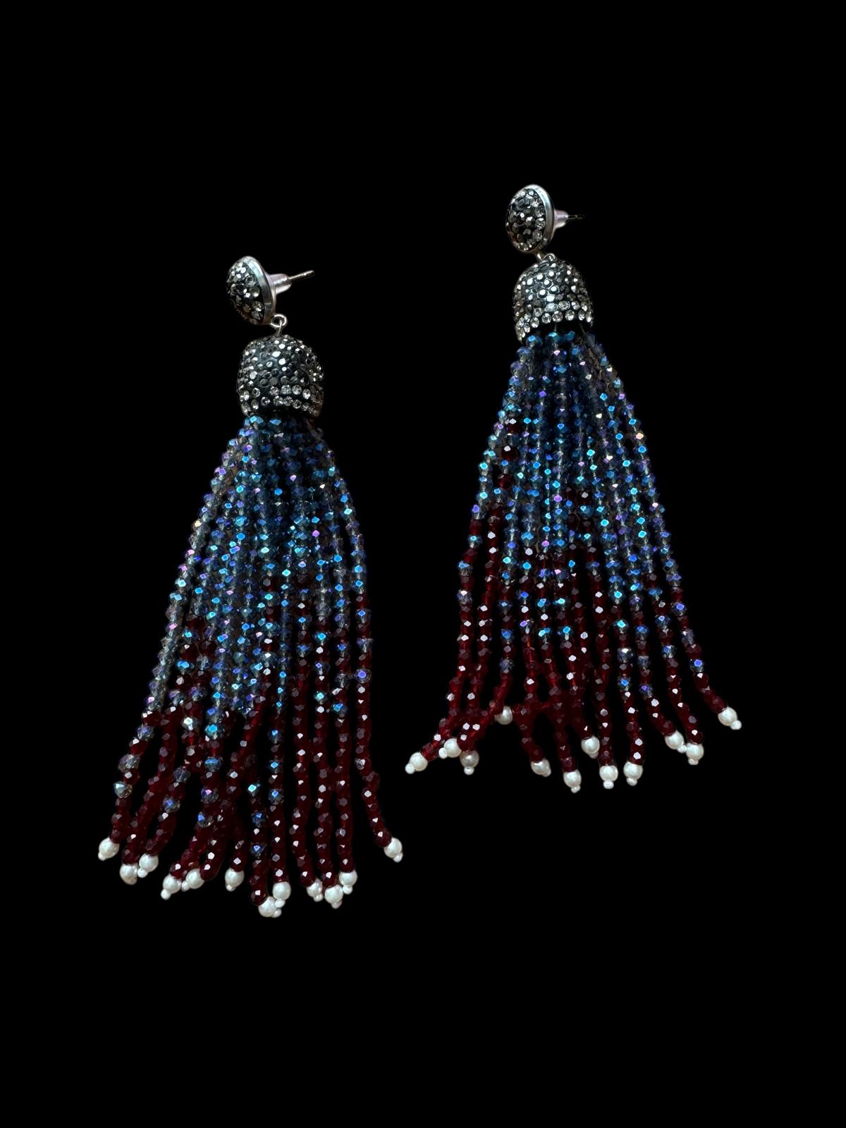 Earring Dual Color Crystal Tassels Long with Rhinestone Dome Baby Blue / Maroon