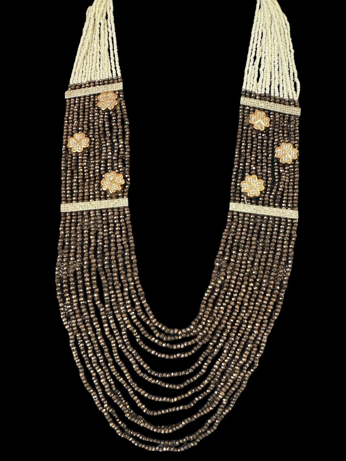 Necklace Crystal Layered with Tiny Pearls and Zircon Flowers White / Bronze