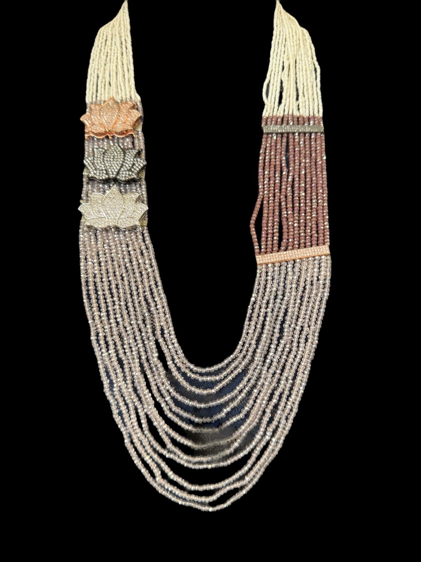 Necklace Crystal Layered with Tiny Pearls and Zircon Flowers White / Pink / Purple