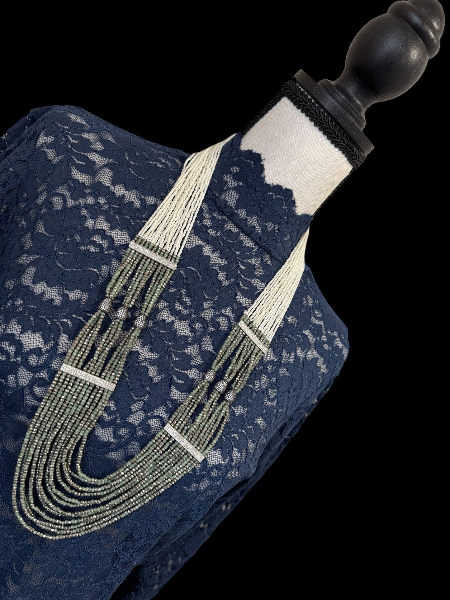 Necklace Crystal Layered with Tiny Pearls and Zircon Stones White / Green