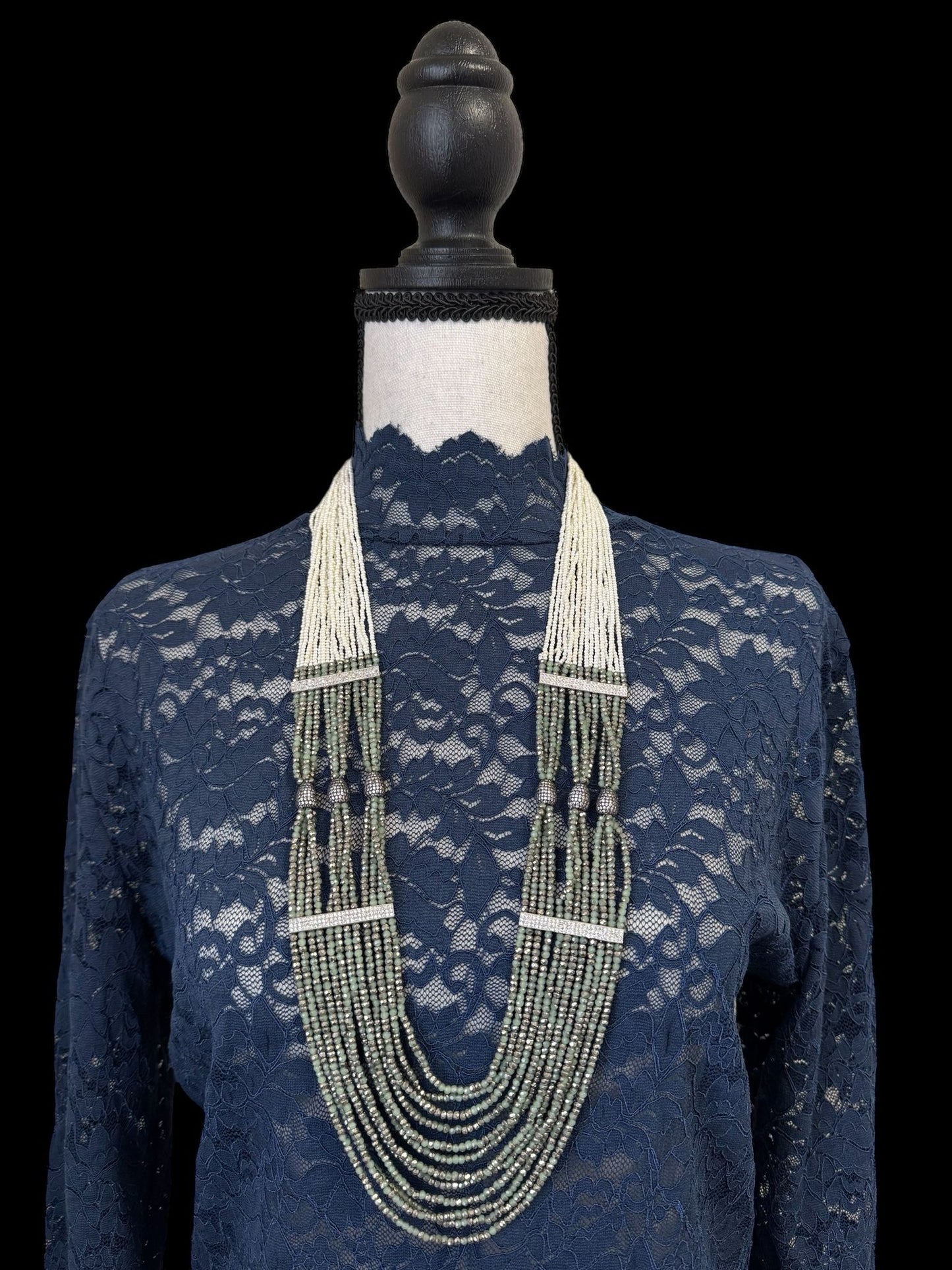 Necklace Crystal Layered with Tiny Pearls and Zircon Stones White / Green