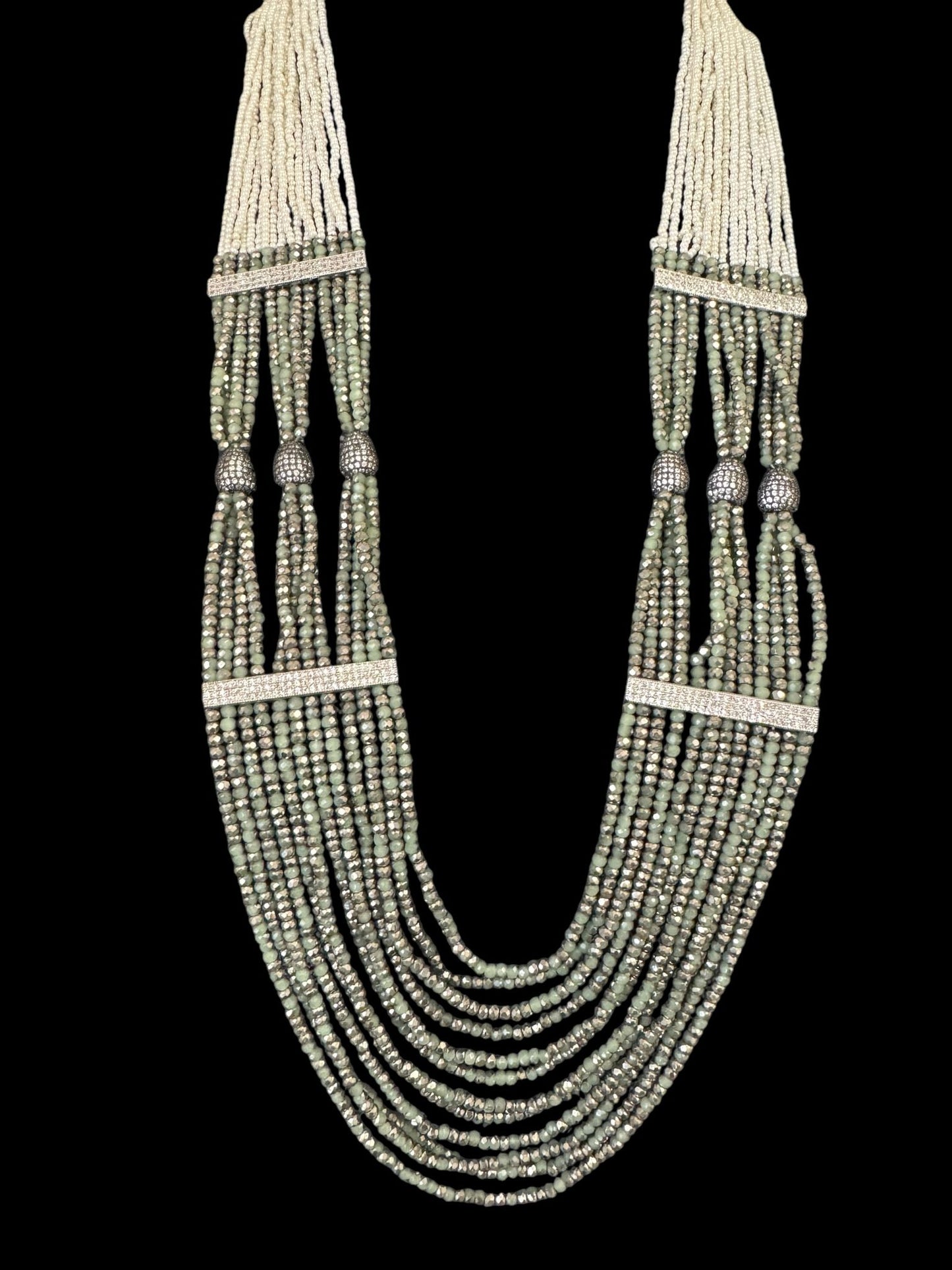 Necklace Crystal Layered with Tiny Pearls and Zircon Stones White / Green
