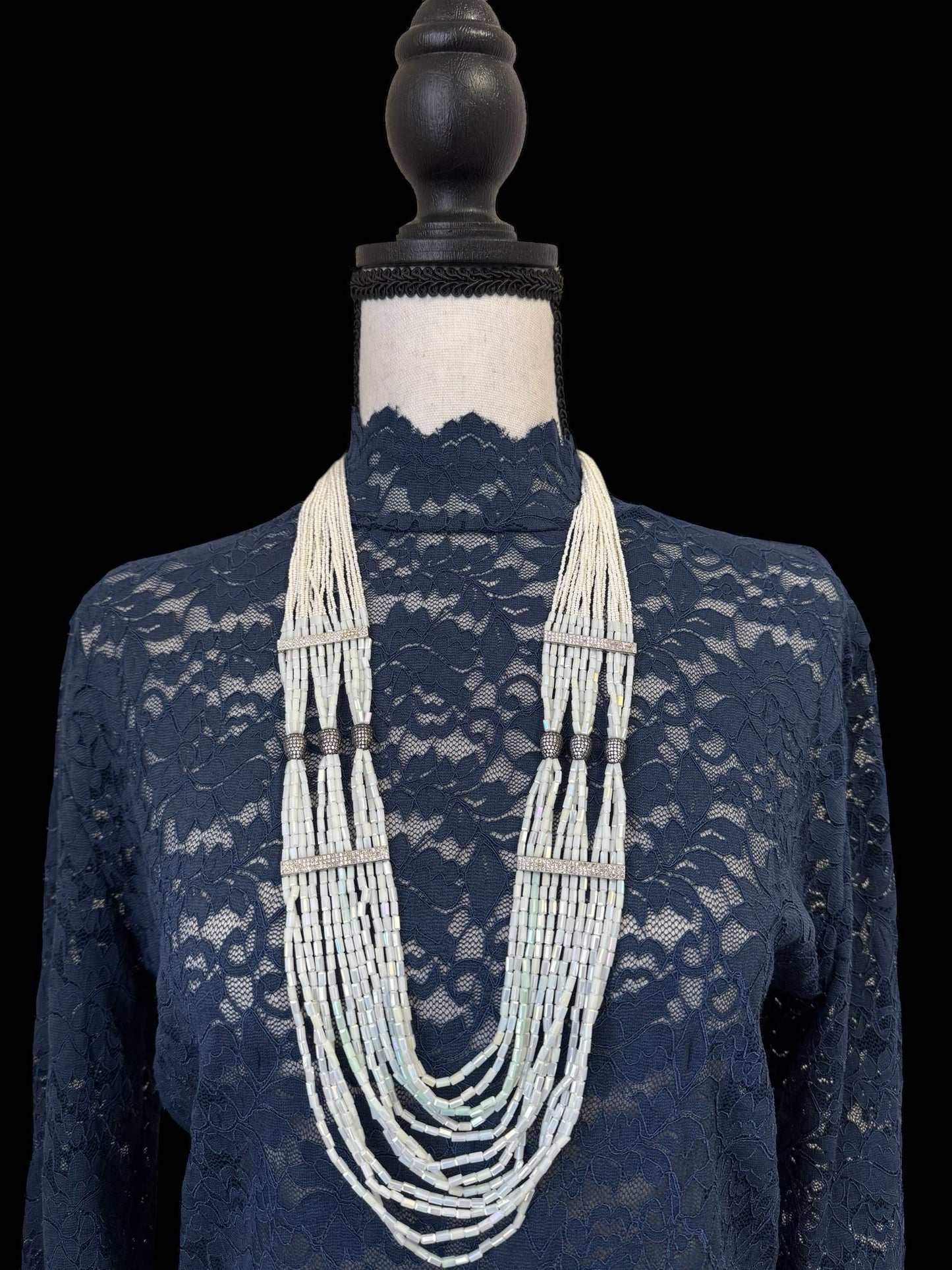 Necklace Crystal Layered with Tiny Pearls and Zircon Stones White