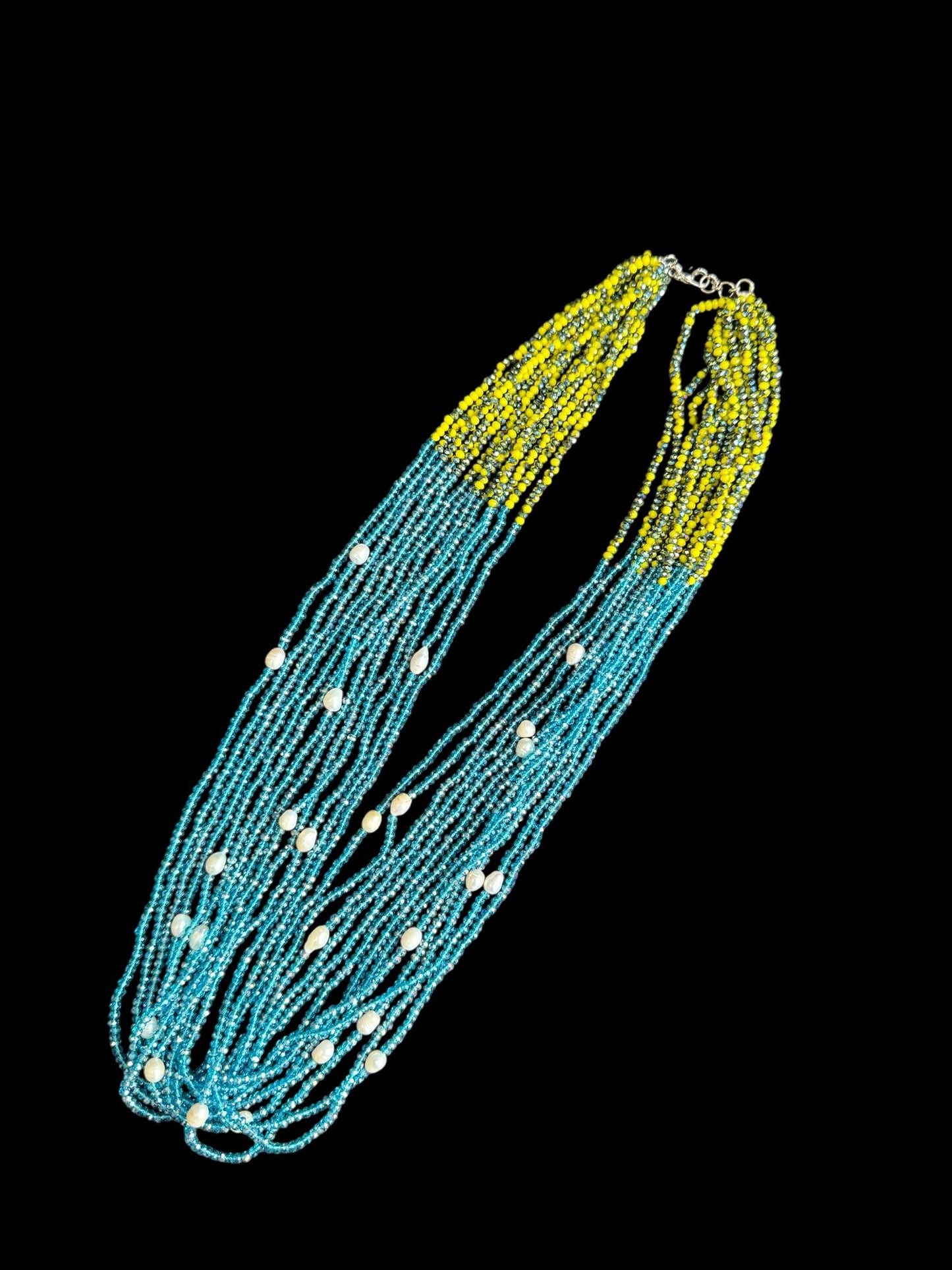 13 Line Dual-Tone Crystal Necklace in Color Yellow & Blue