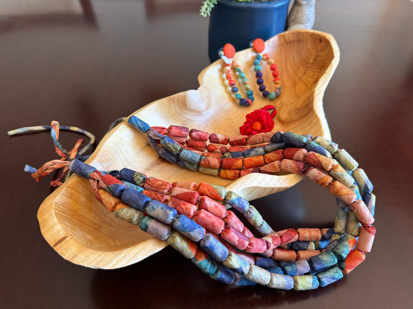 Printed Silk Cluster Textile 6 Line Adjustable Tie-Up Necklace