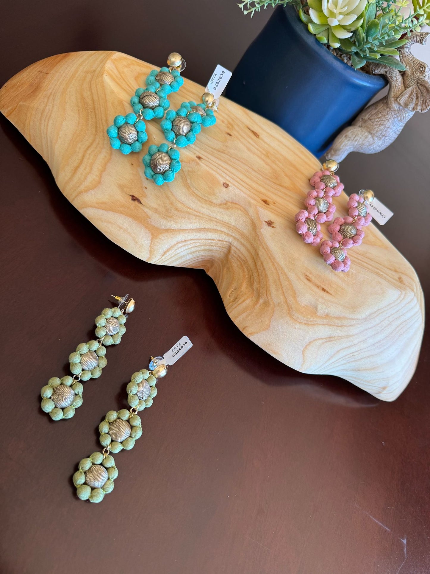 Silk Textile Earring Green Flower