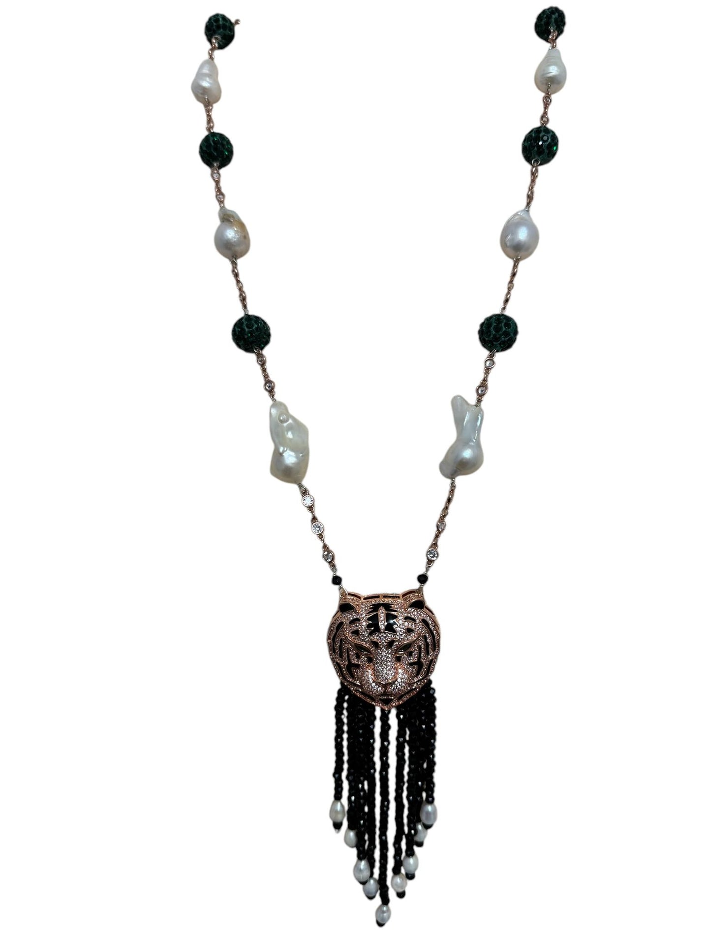 Baroque Pearl Crystal Chain Tiger Face Zircon Pendant