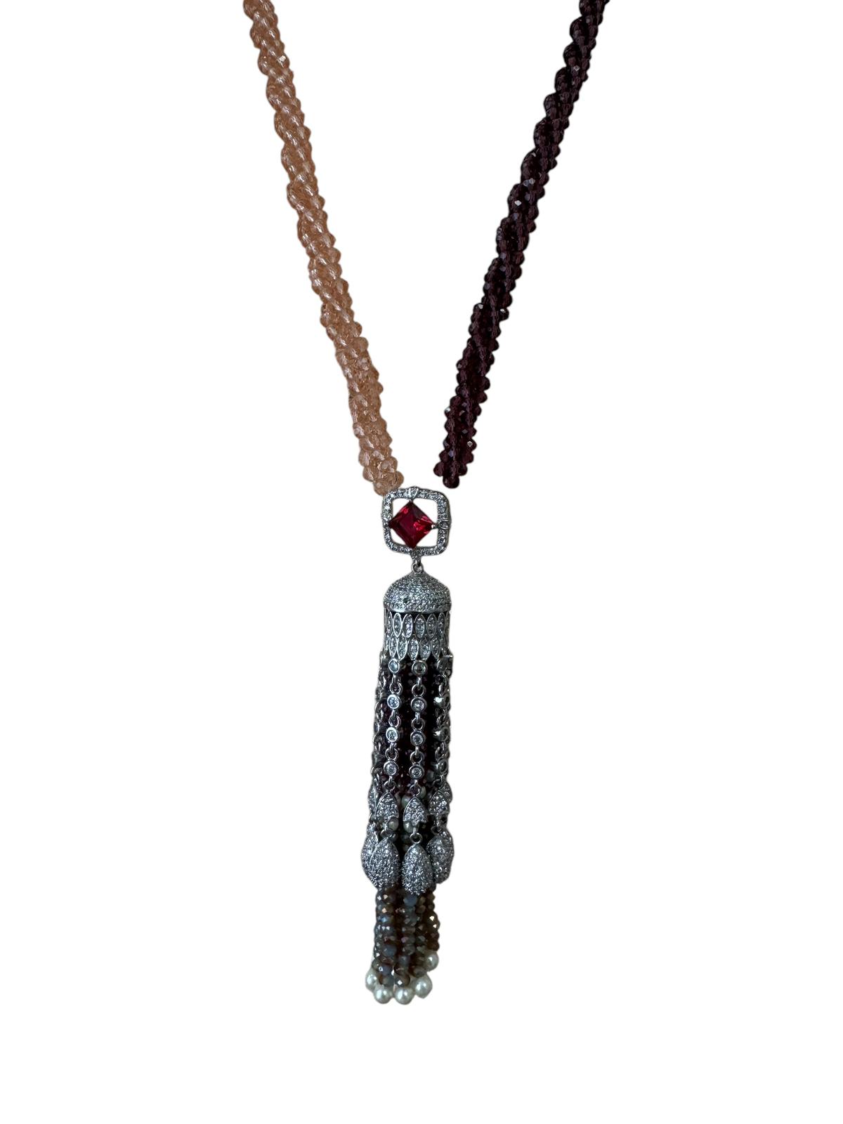 Crystal Hand Twisted Necklace with Zircon Dome Tassel