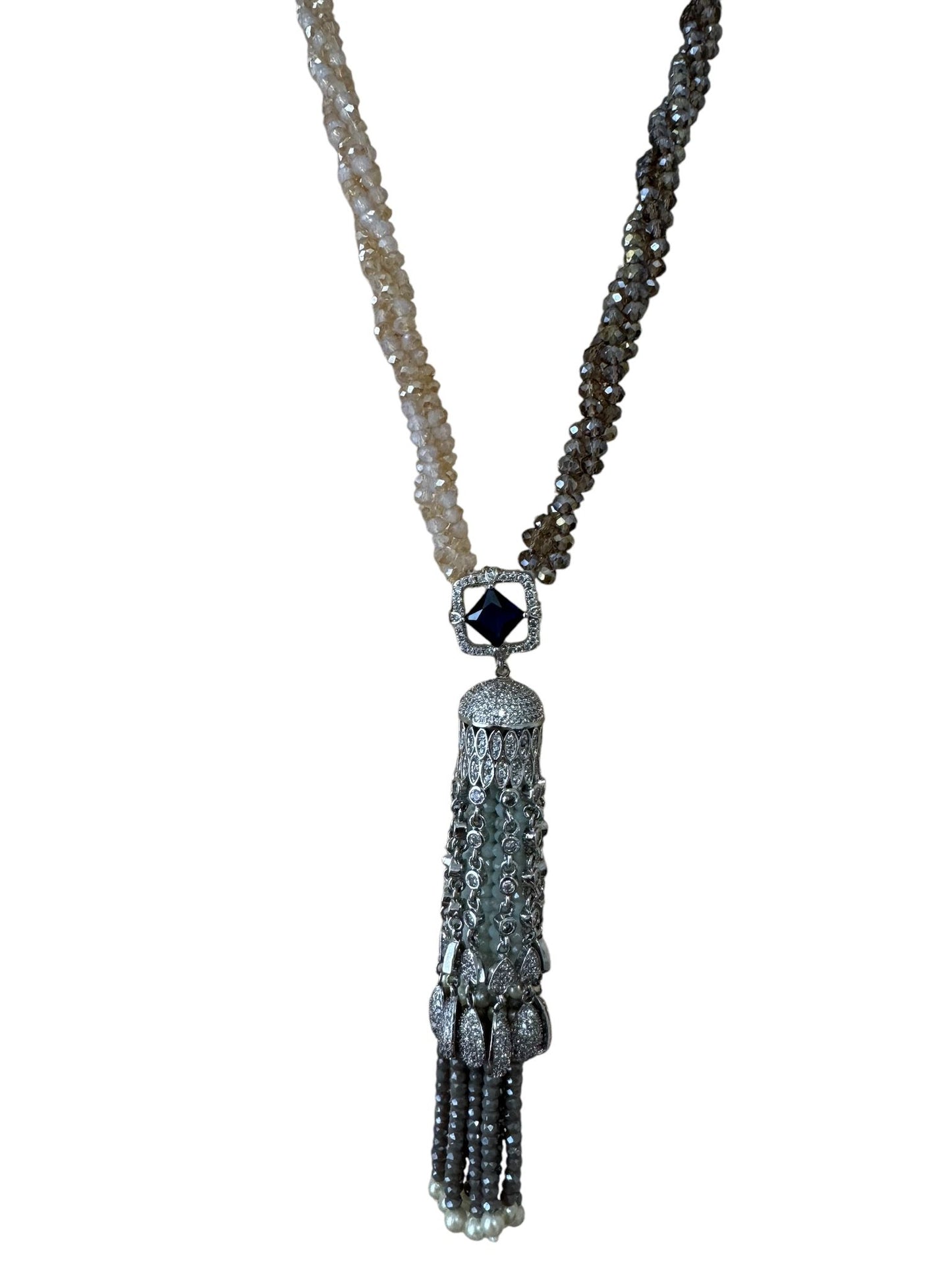 Crystal Hand Twisted Necklace with Zircon Dome Tassel