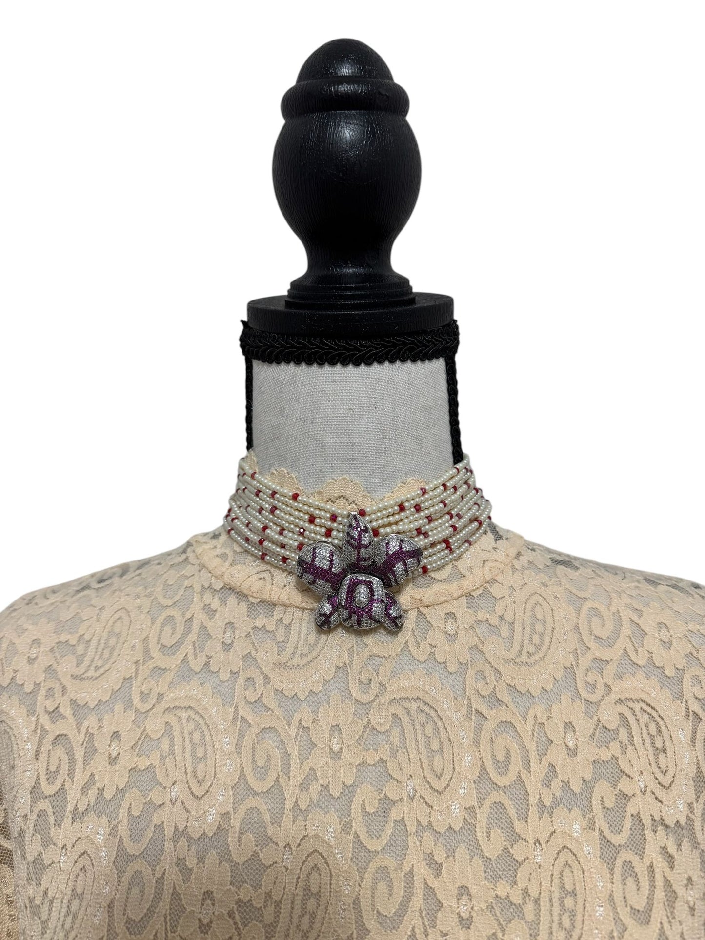 Crystal and Pearl Choker with Zircon Orchid Pendant