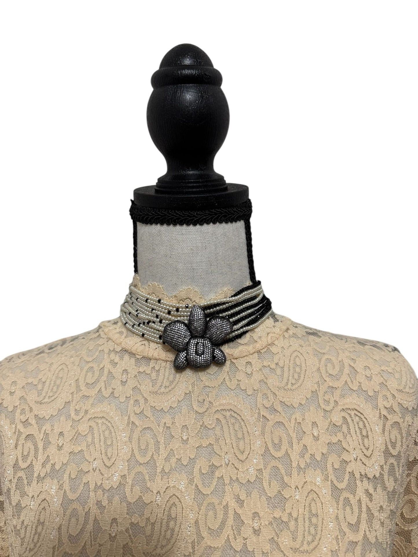 Crystal and Pearl Choker with Zircon Orchid Pendant