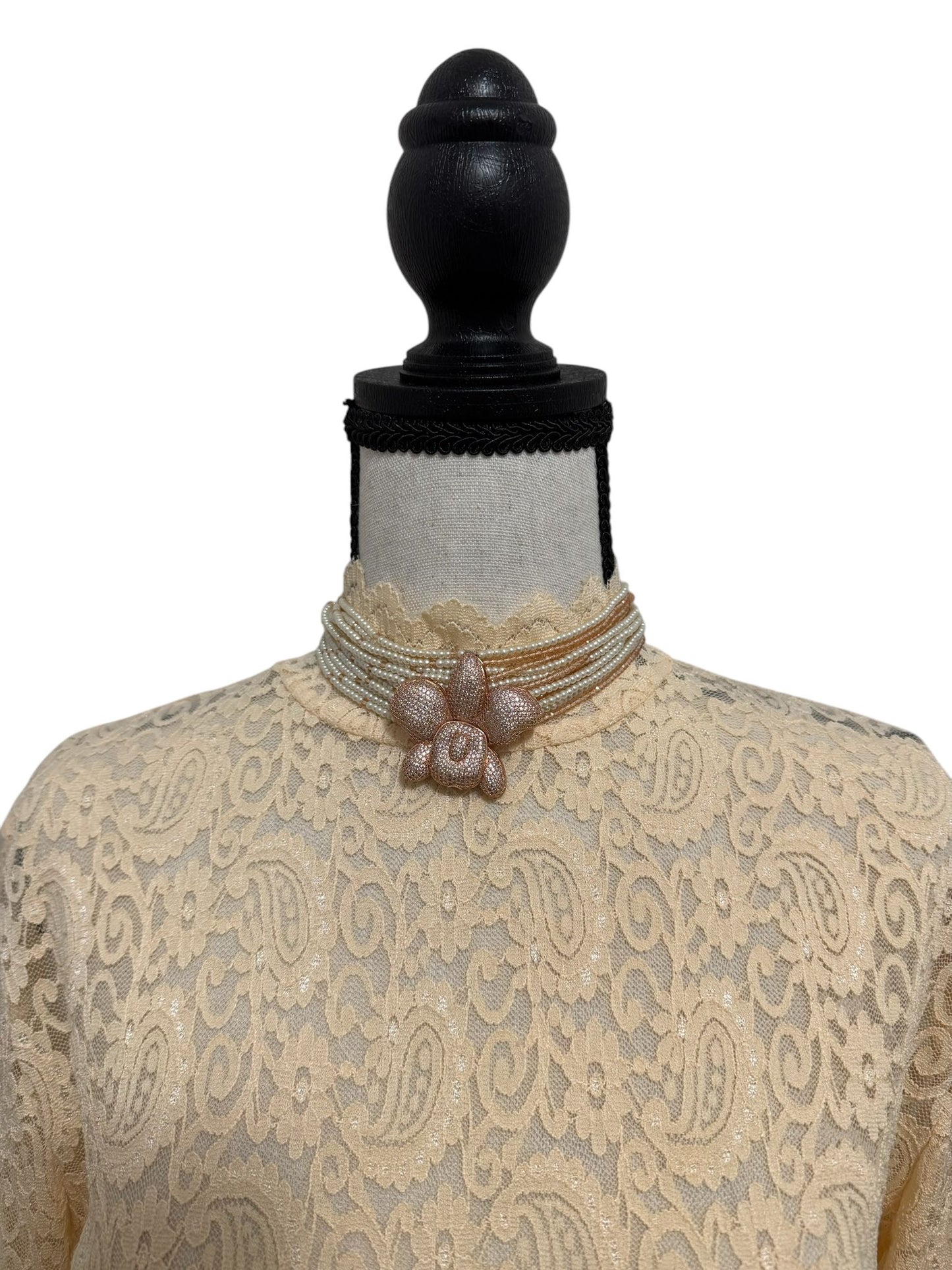 Crystal and Pearl Choker with Zircon Orchid Pendant