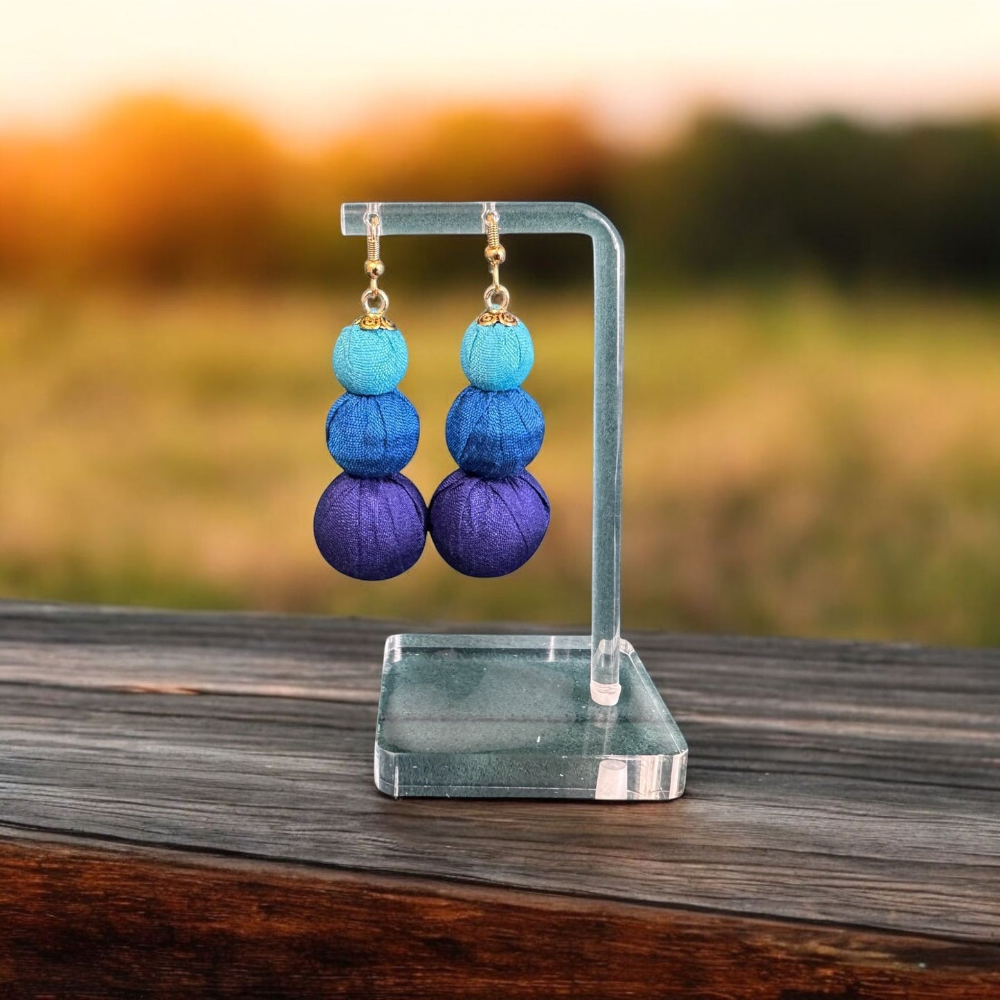 Silk Textile Earing Blue Beads