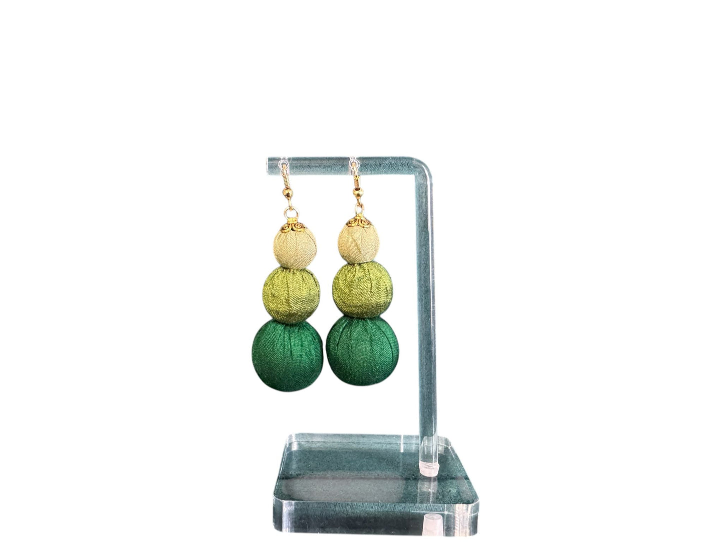 Silk Textile Earring Green Beads