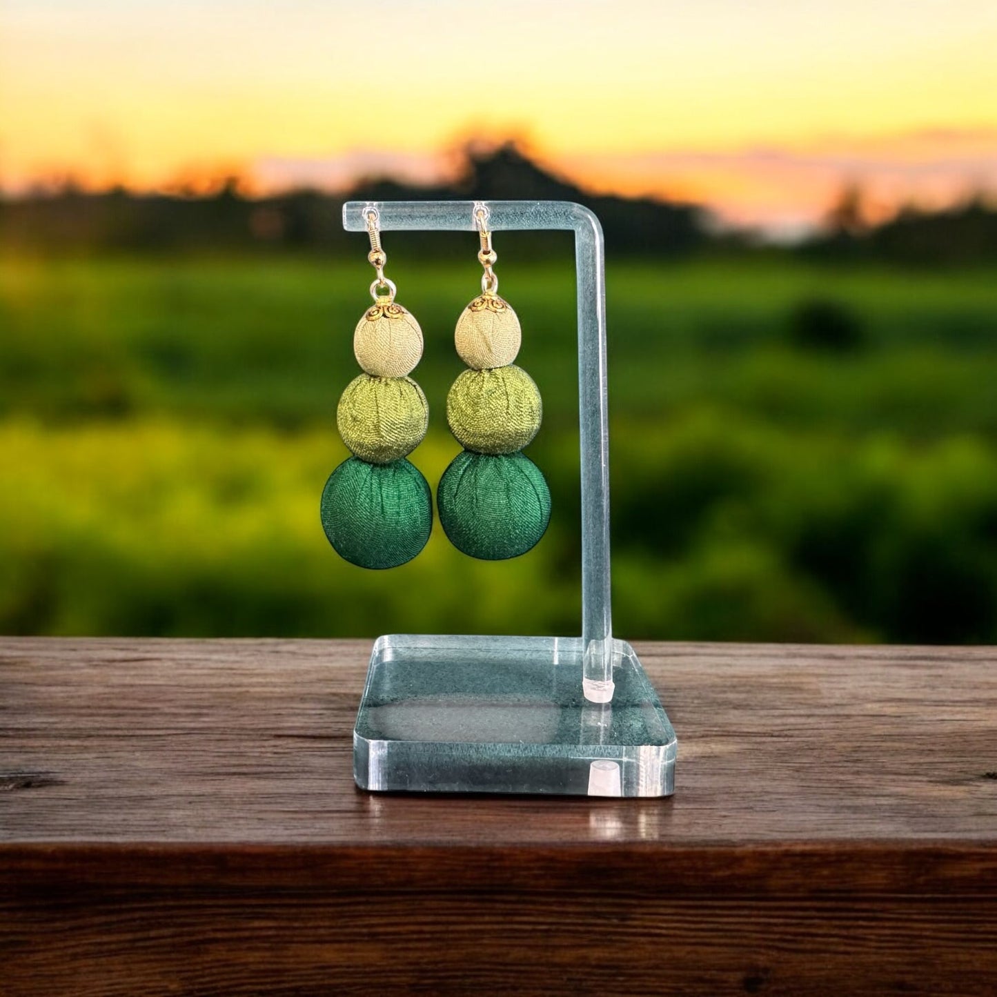 Silk Textile Earring Green Beads