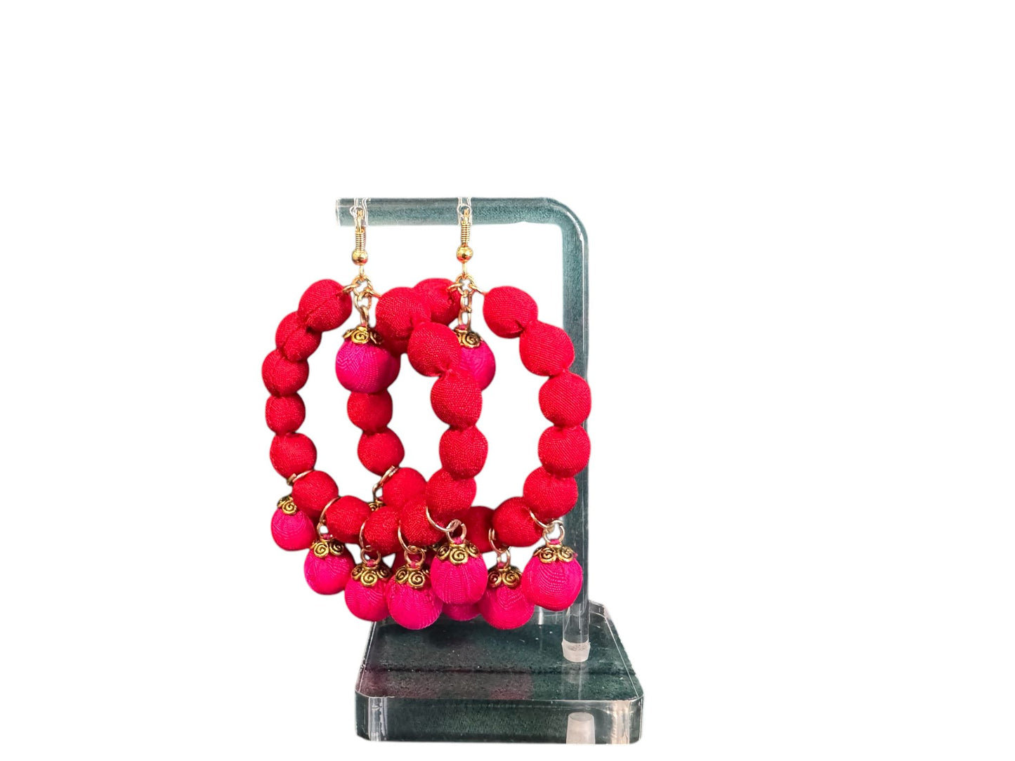 Silk Textile Earring Red And Gold Hoop