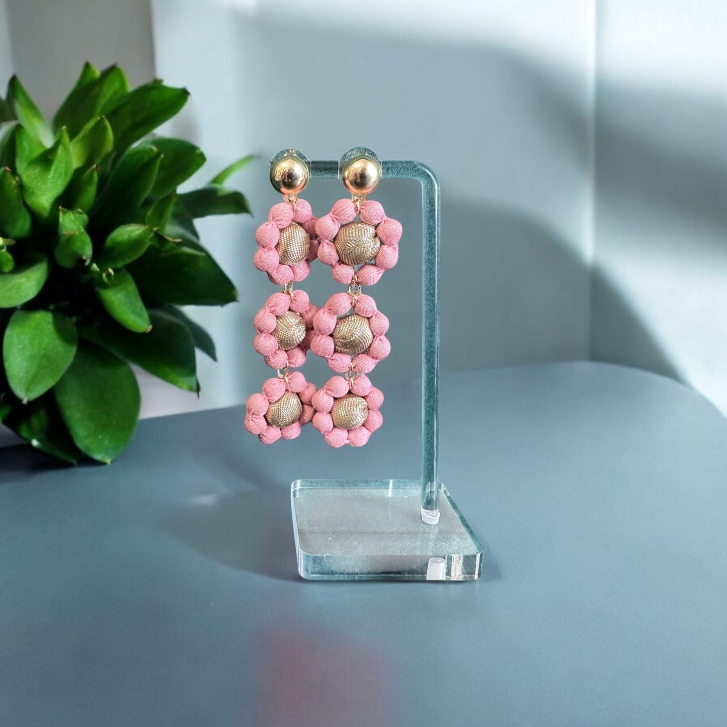 Silk Textile Earring Pink Flower