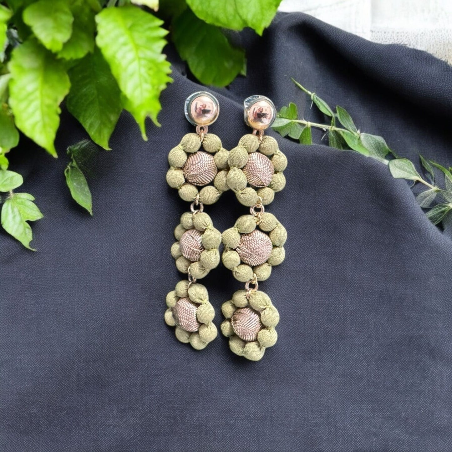 Silk Textile Earring Green Flower