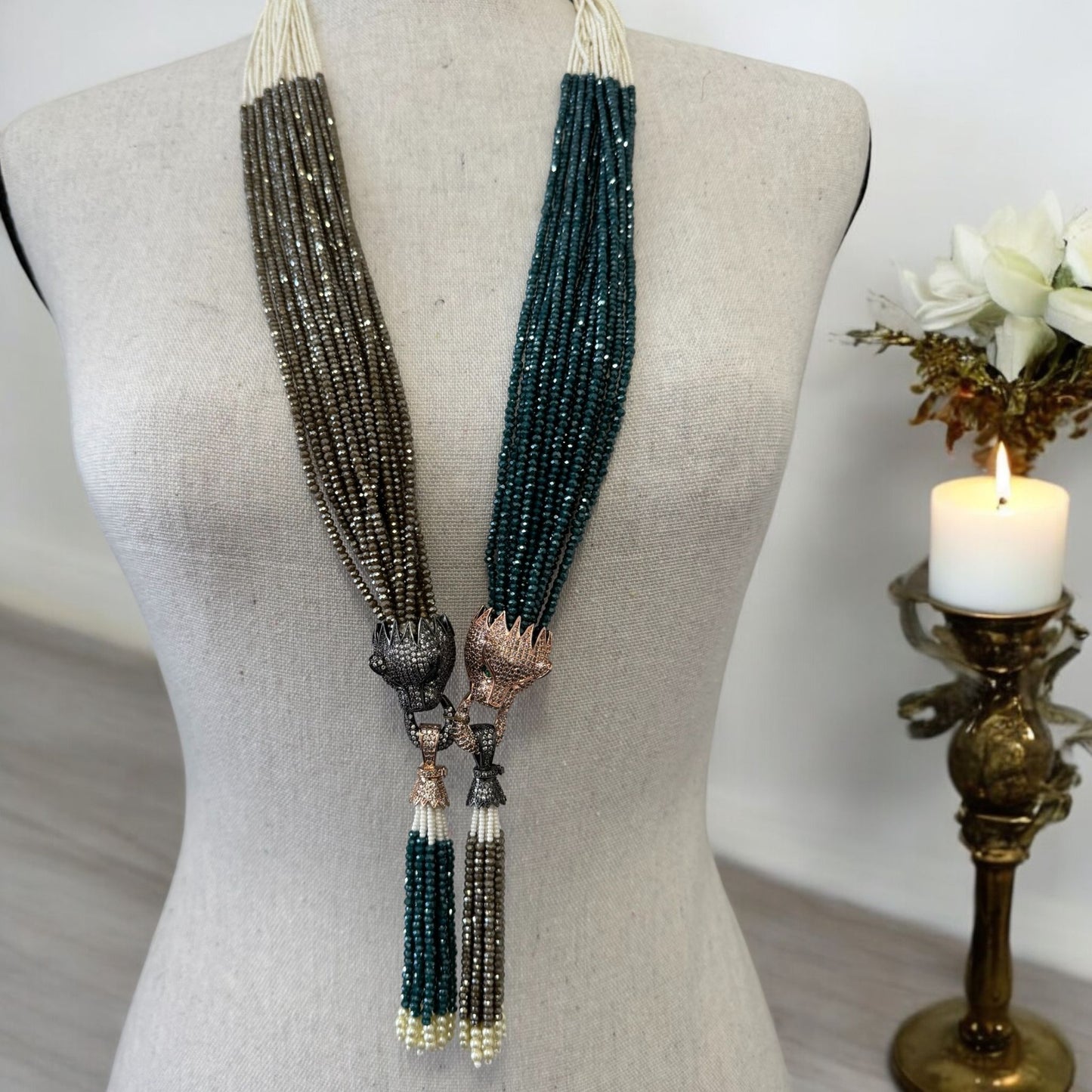 Dual Color Pearl And Crystal Dragon Pendant Necklace Teel Blue
