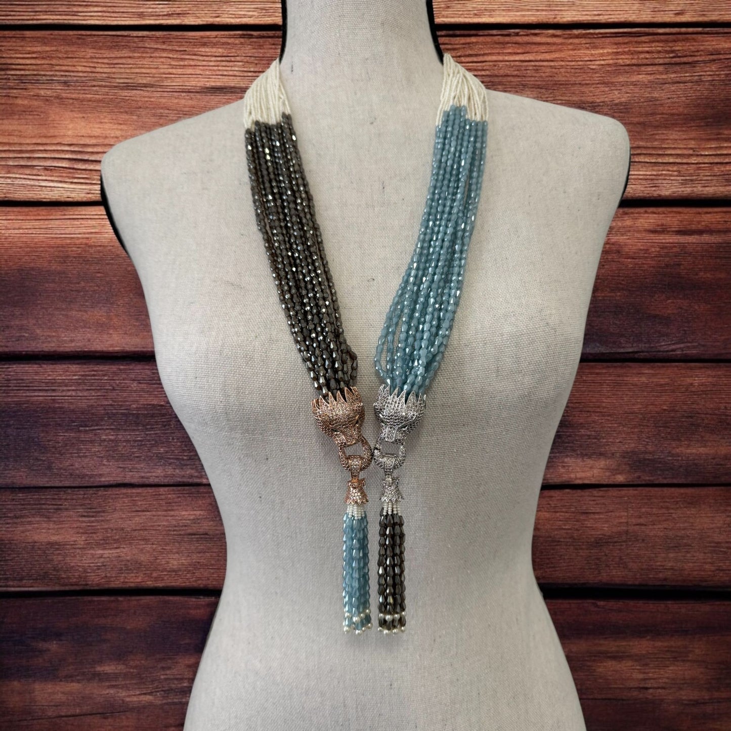 Dual Color Pearl and Crystal Dragon Pendant Necklace Blue
