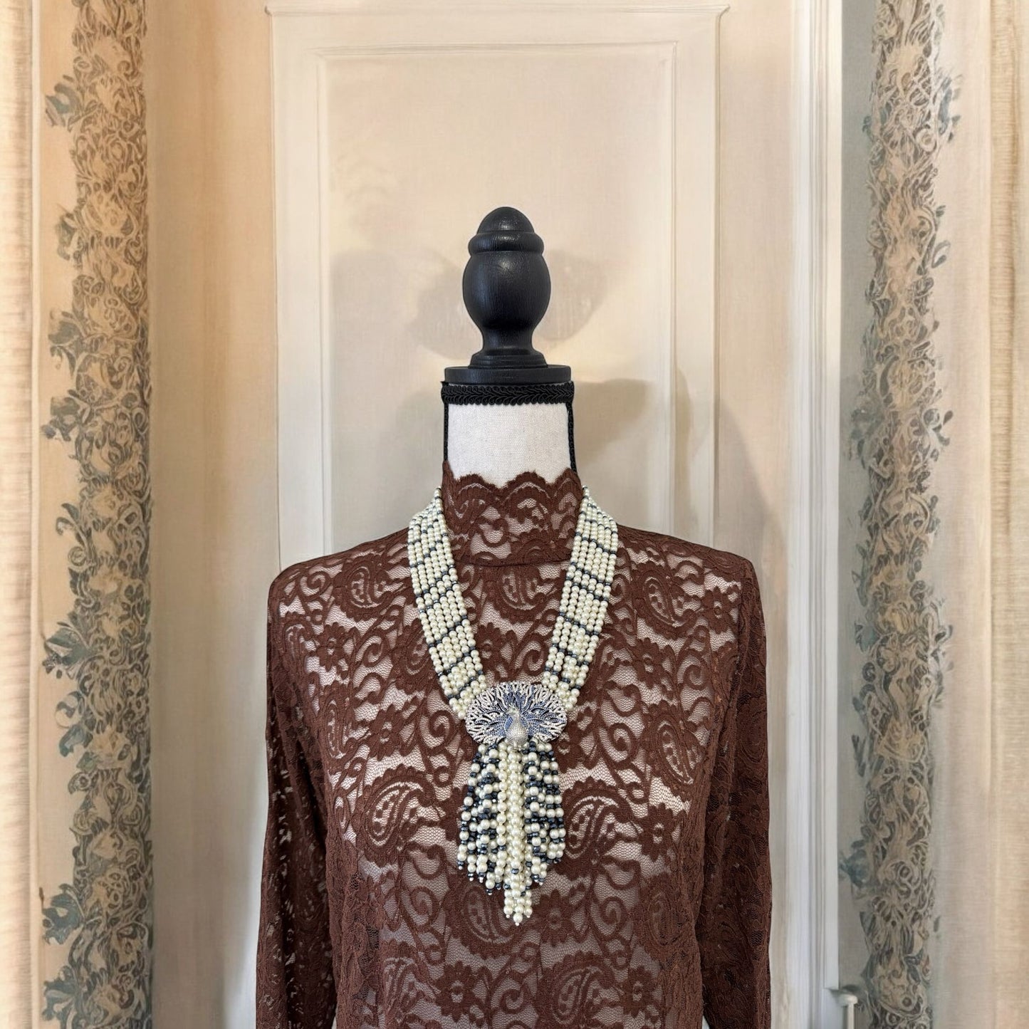 6 Line Pearl And Crystal Necklace Peacock Pendant Blue