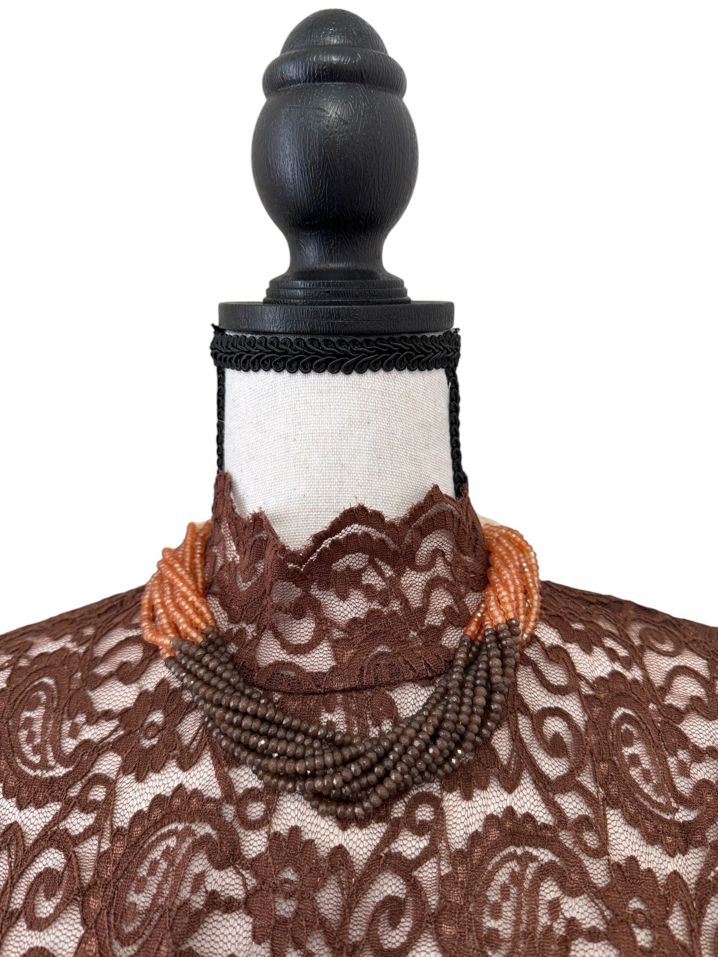 11 Line Multicolor Shaded Glass Bead Necklace Brown