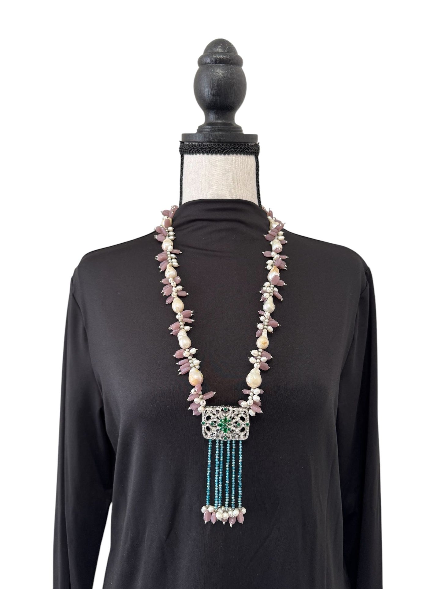 Baroque and Fresh Water Pearl with Zircon Square Pendant Necklace Purple