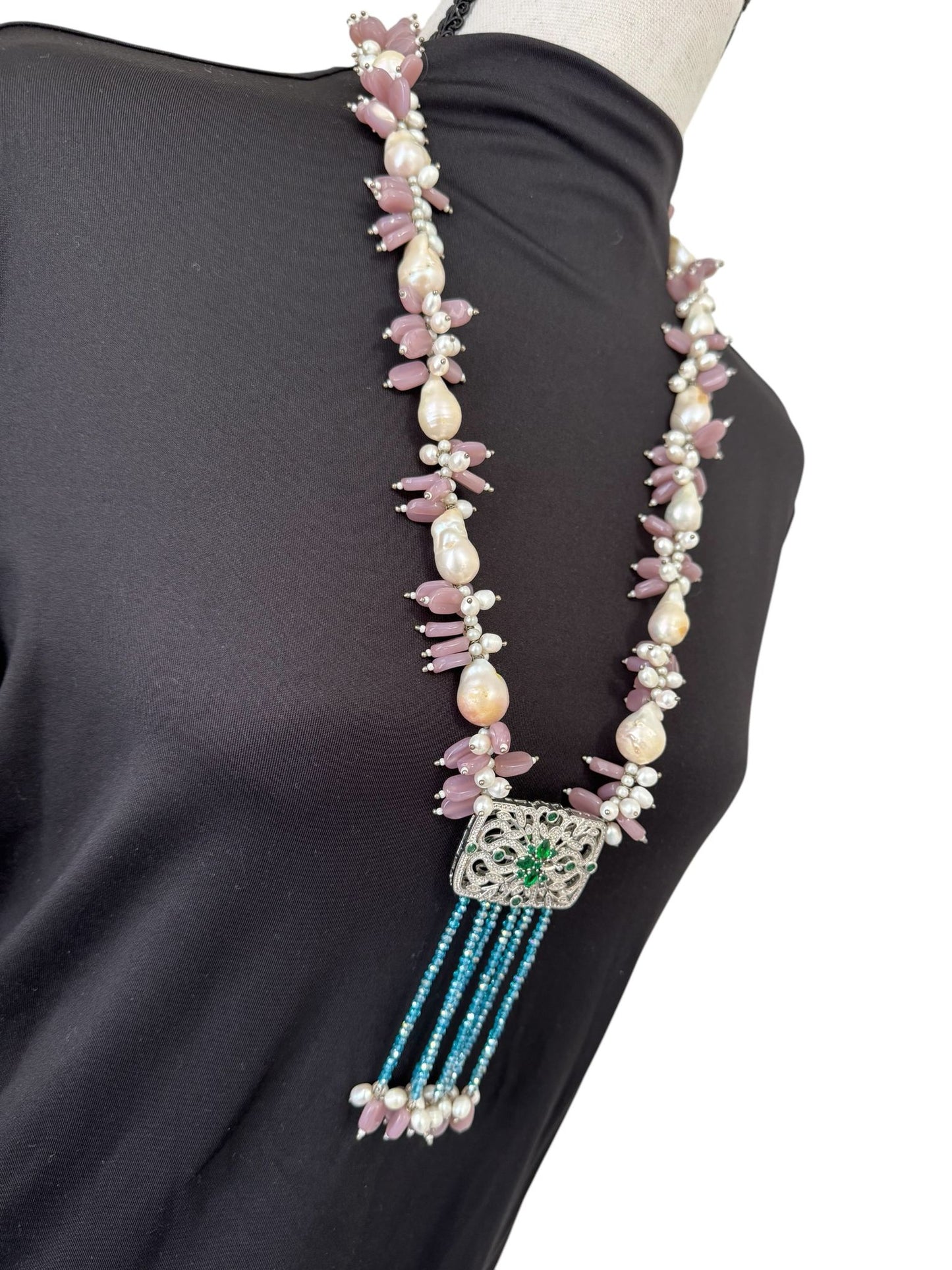 Baroque and Fresh Water Pearl with Zircon Square Pendant Necklace Purple