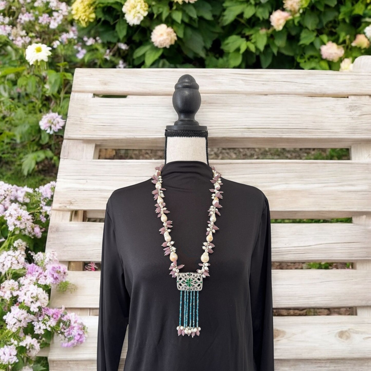 Baroque and Fresh Water Pearl with Zircon Square Pendant Necklace Purple