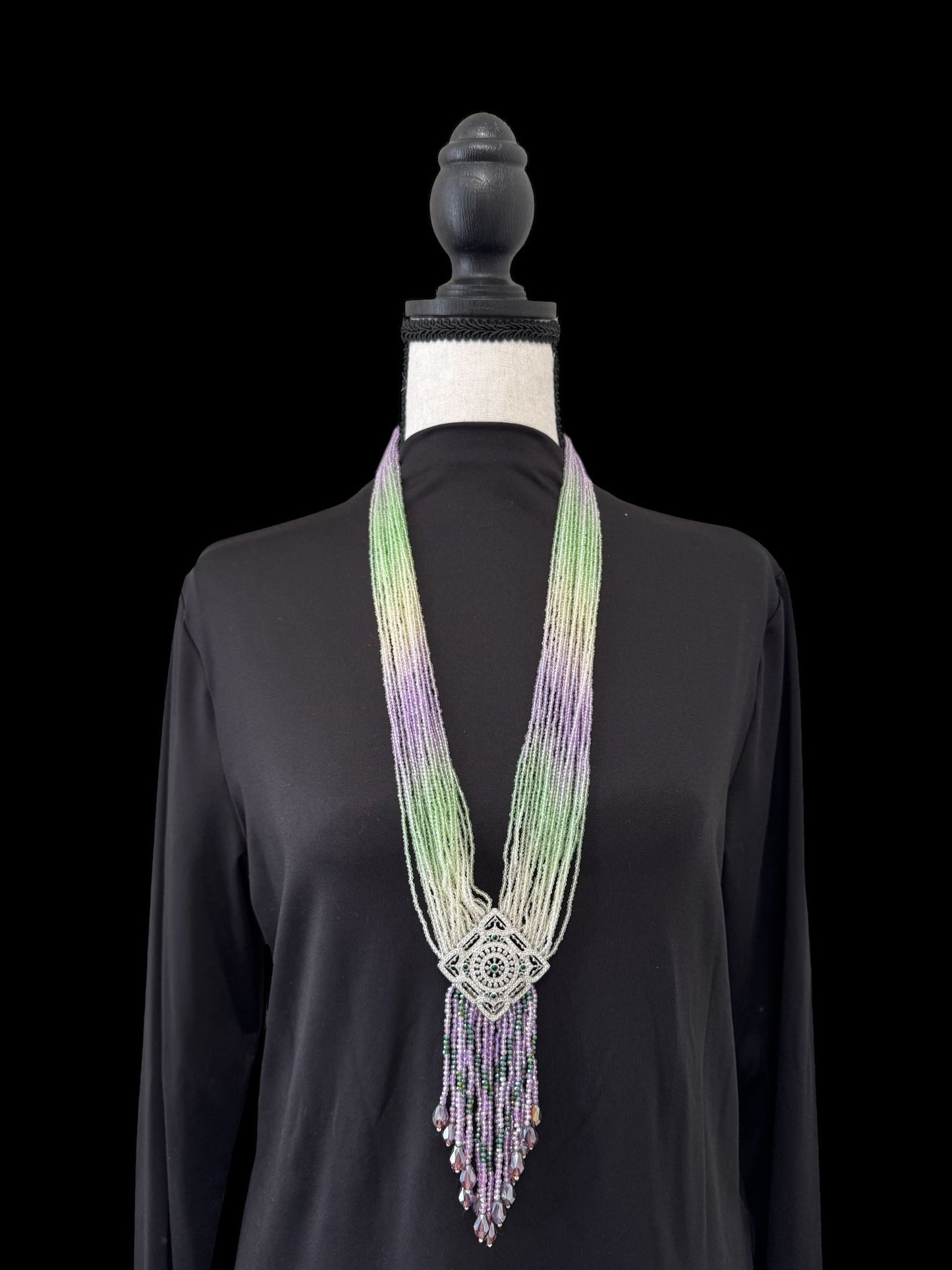 Long Shaded Small Crystal Beaded Square Pendant Necklace with Heavy Tassel Green