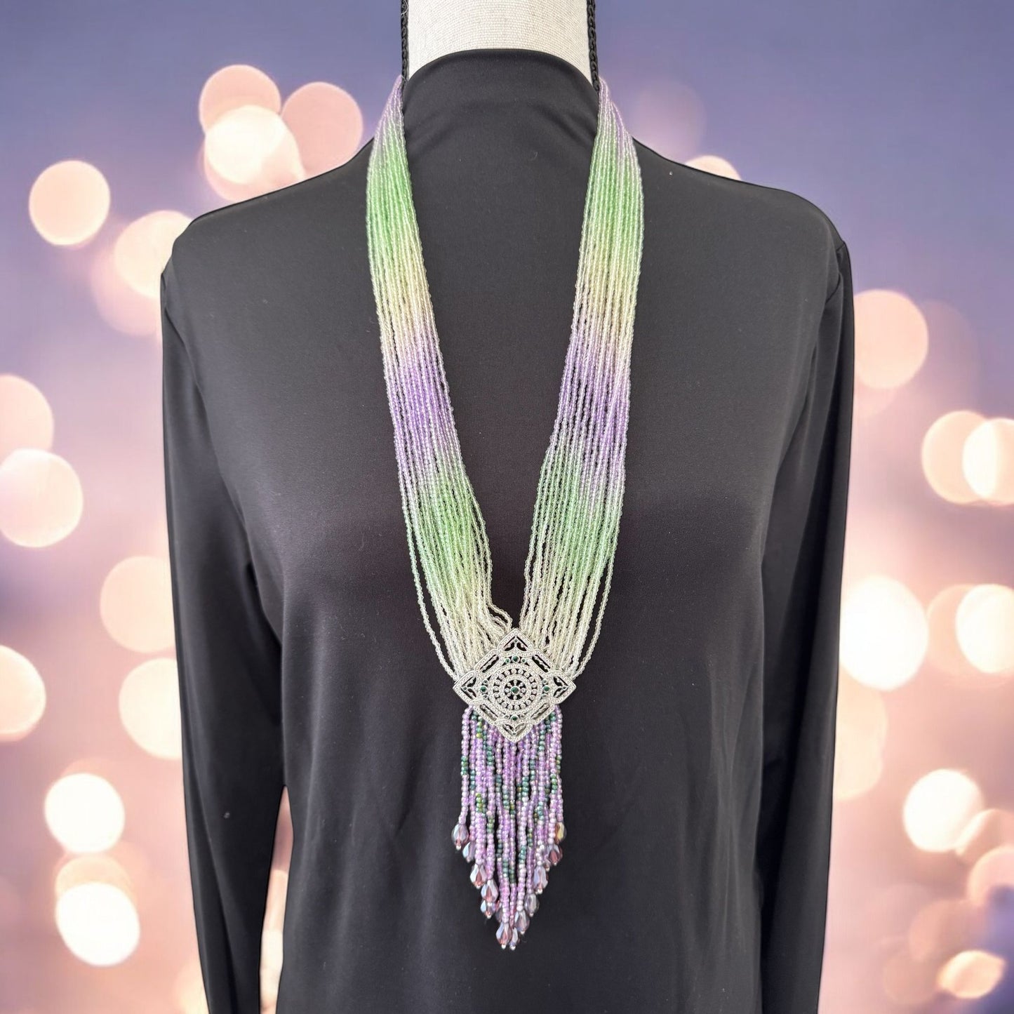 Long Shaded Small Crystal Beaded Square Pendant Necklace with Heavy Tassel Green