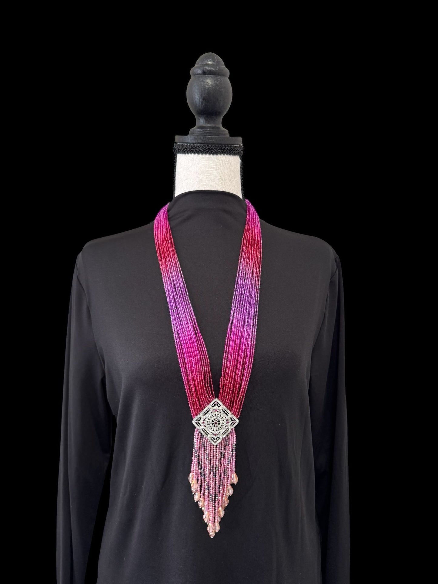 Long Shaded Small Crystal Beaded Square Pendant Necklace with Heavy Tassel Purple