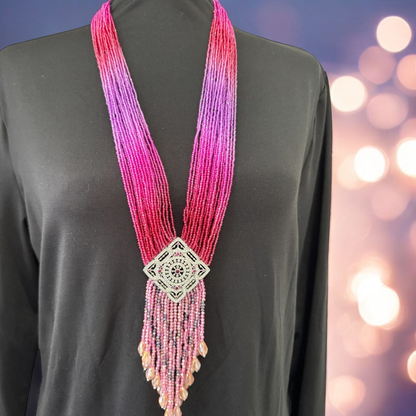 Long Shaded Small Crystal Beaded Square Pendant Necklace with Heavy Tassel Purple